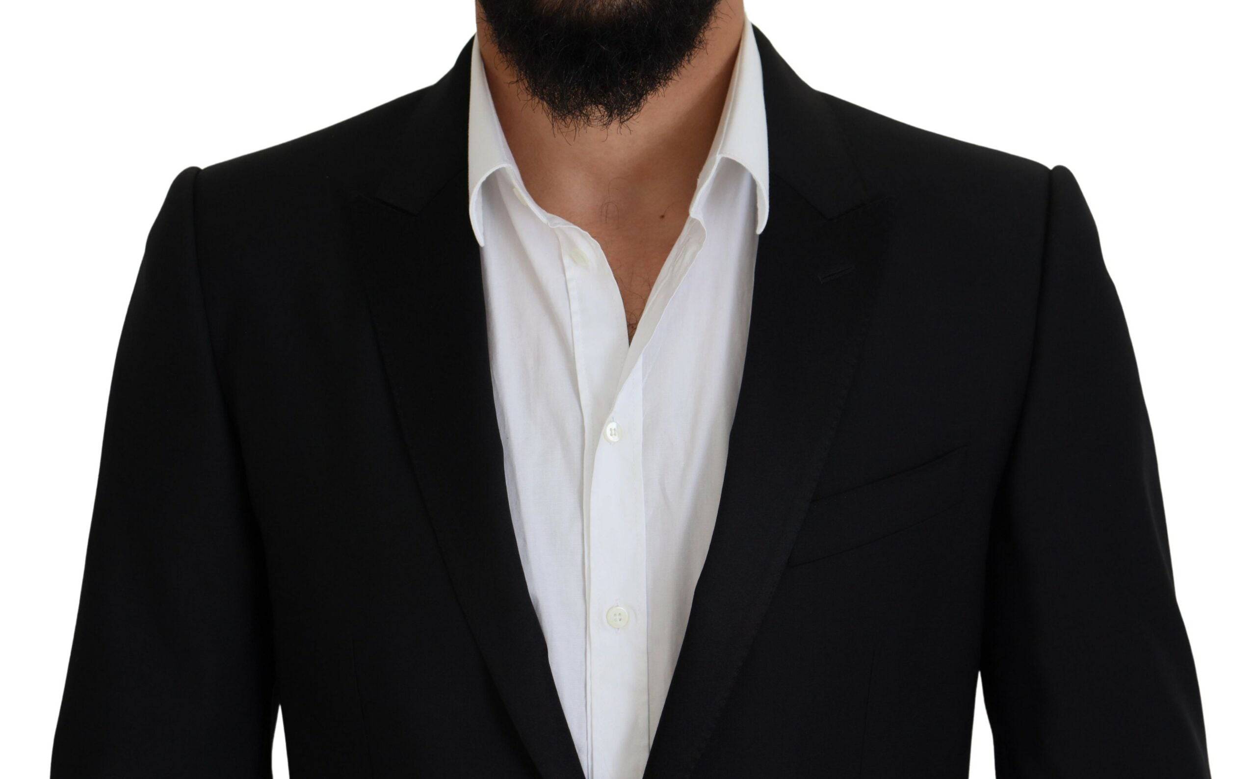 Blazer noir Dolce & Gabbana Slim Fit pour homme, costume formel Martini en tissu élégant, vue frontale.
