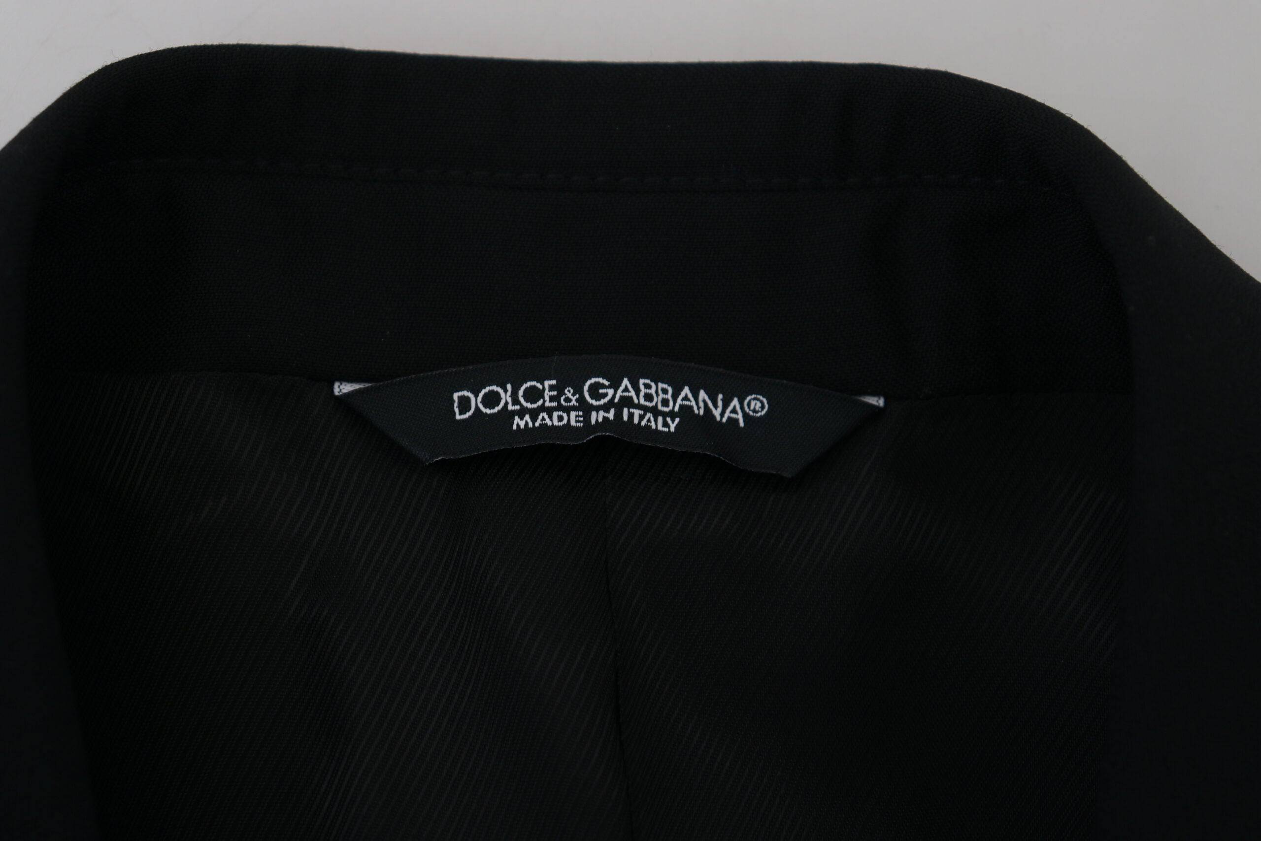 Blazer homme noir Dolce & Gabbana, coupe slim fit, veste formelle Martini élégante avec revers en satin et boutons noirs.