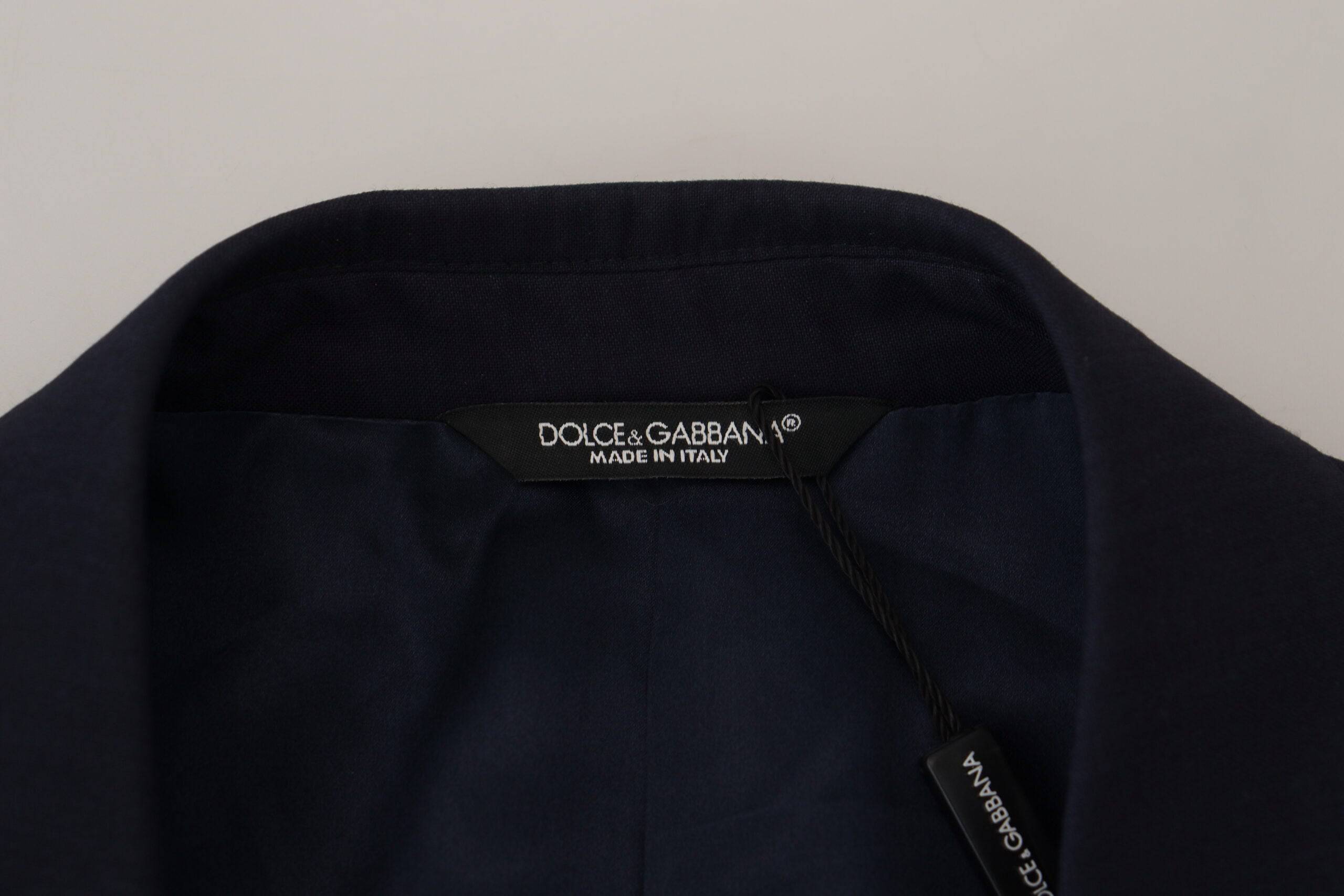 Manteau blazer en laine bleue Dolce & Gabbana, coupe slim fit, veston formel élégant avec détails sophistiqués.
