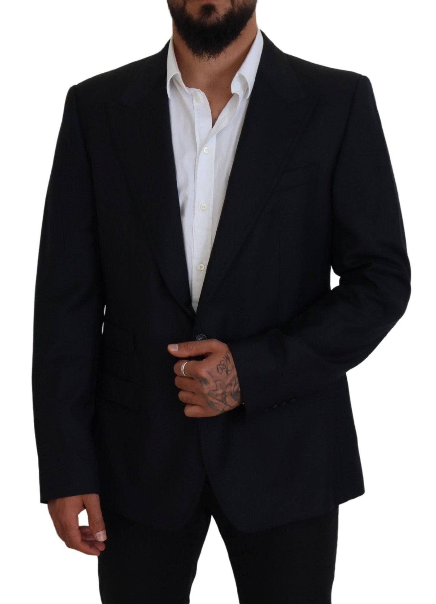 Veste formelle en laine bleue foncée Dolce & Gabbana Sicilia, élégante blazer pour homme, détail de la coupe.