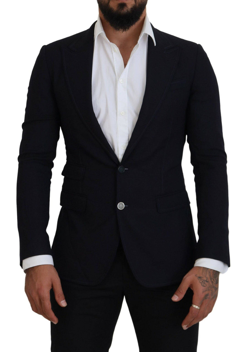 Costume blazer bleu en laine Dolce & Gabbana Taormina, coupe élégante, porté sur un mannequin avec détails sophistiqués.