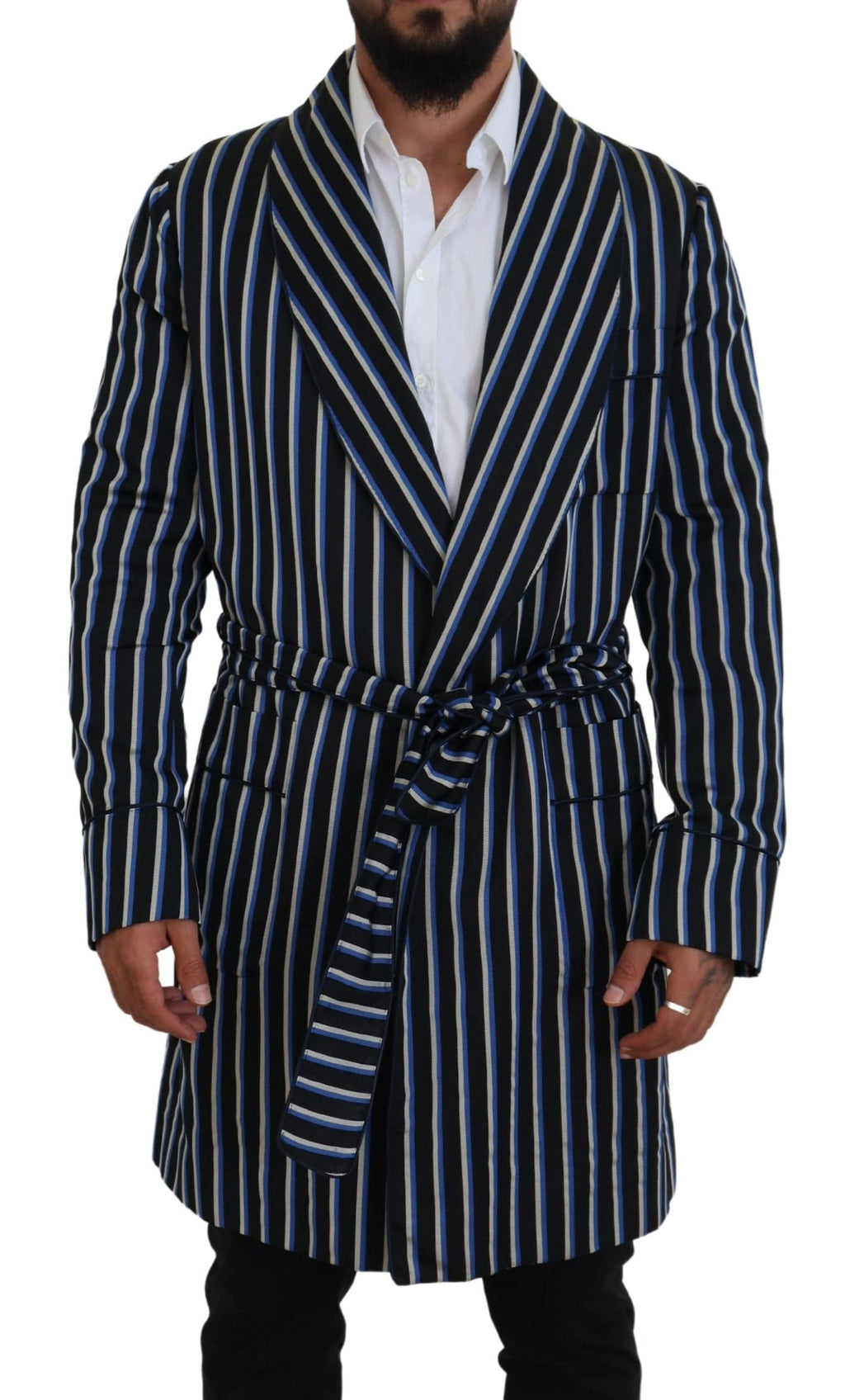 Robe Dolce & Gabbana en tissu imprimé bleu et noir avec doublure à motif martini, longueur mi-mollet.
