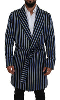 Robe Dolce & Gabbana en tissu imprimé bleu et noir avec doublure à motif martini, longueur mi-mollet.