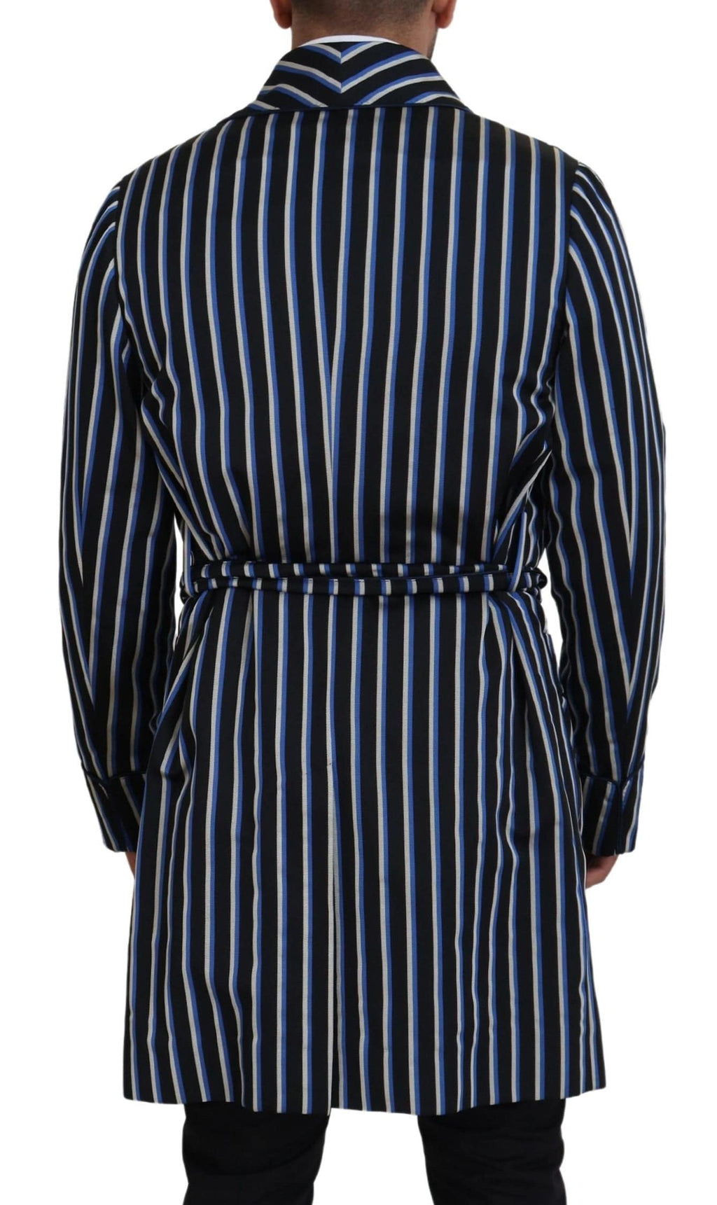 Robe noire et bleue Dolce & Gabbana avec doublure imprimée Martini, élégante et luxueuse, vue de face.