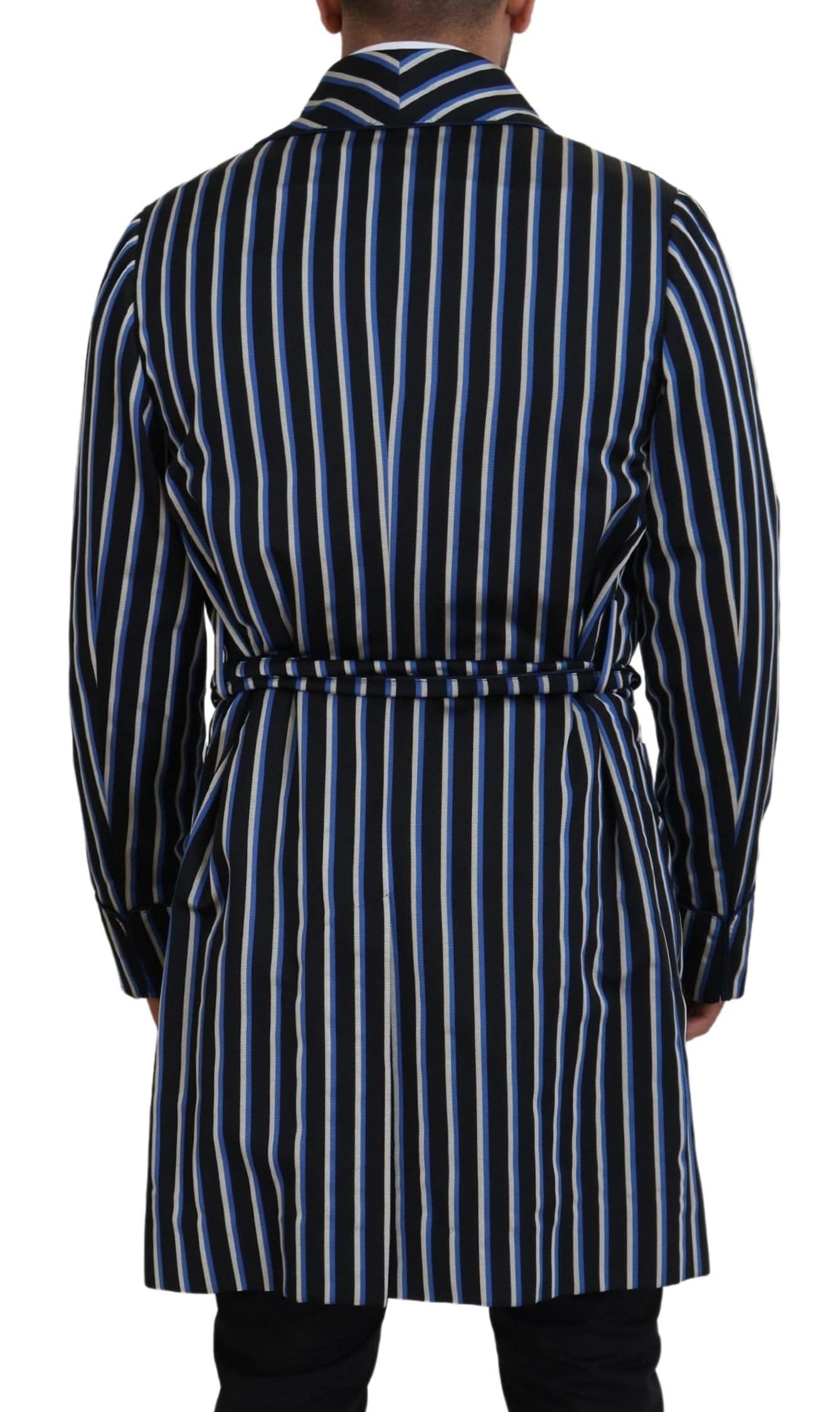Robe noire et bleue Dolce & Gabbana avec doublure imprimée Martini, élégante et luxueuse, vue de face.