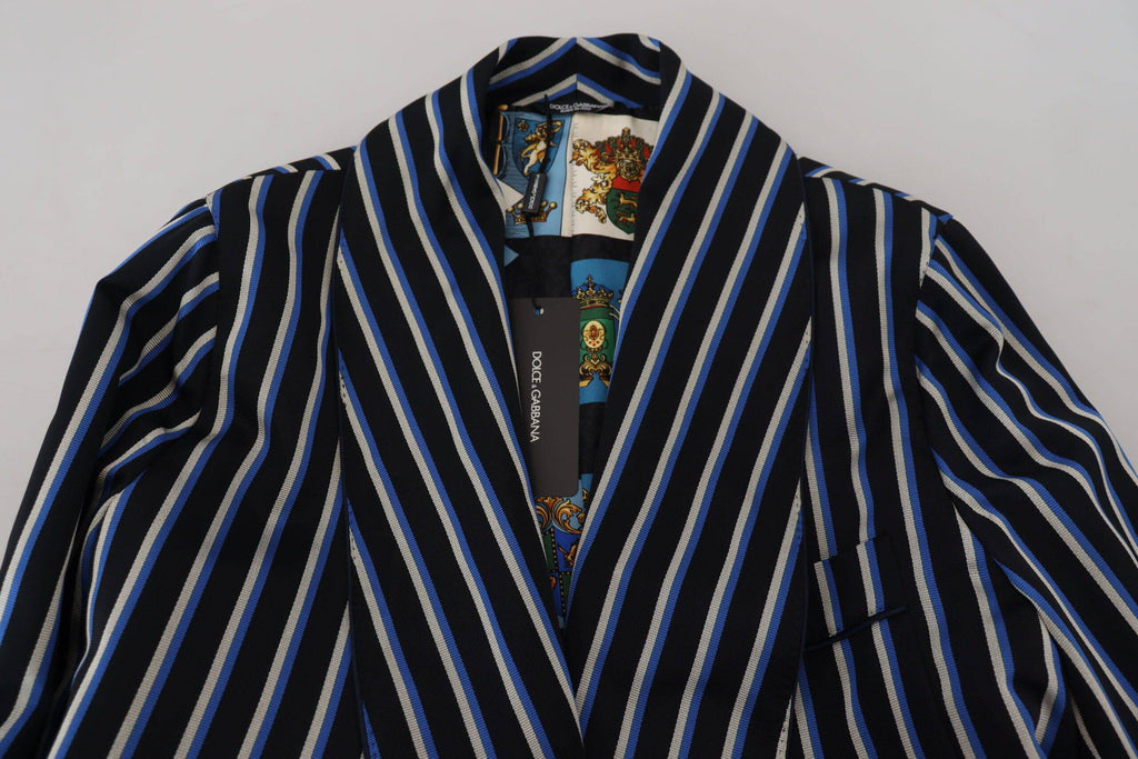 Robe Dolce & Gabbana noire et bleue avec motif Martini, doublure imprimée élégante et tissu fluide.