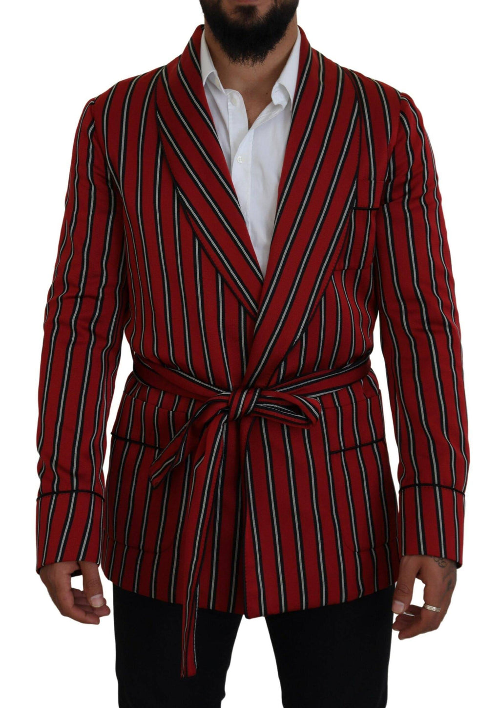 Robe Dolce & Gabbana à rayures rouges avec doublure imprimée Martini, style élégant et sophistiqué.