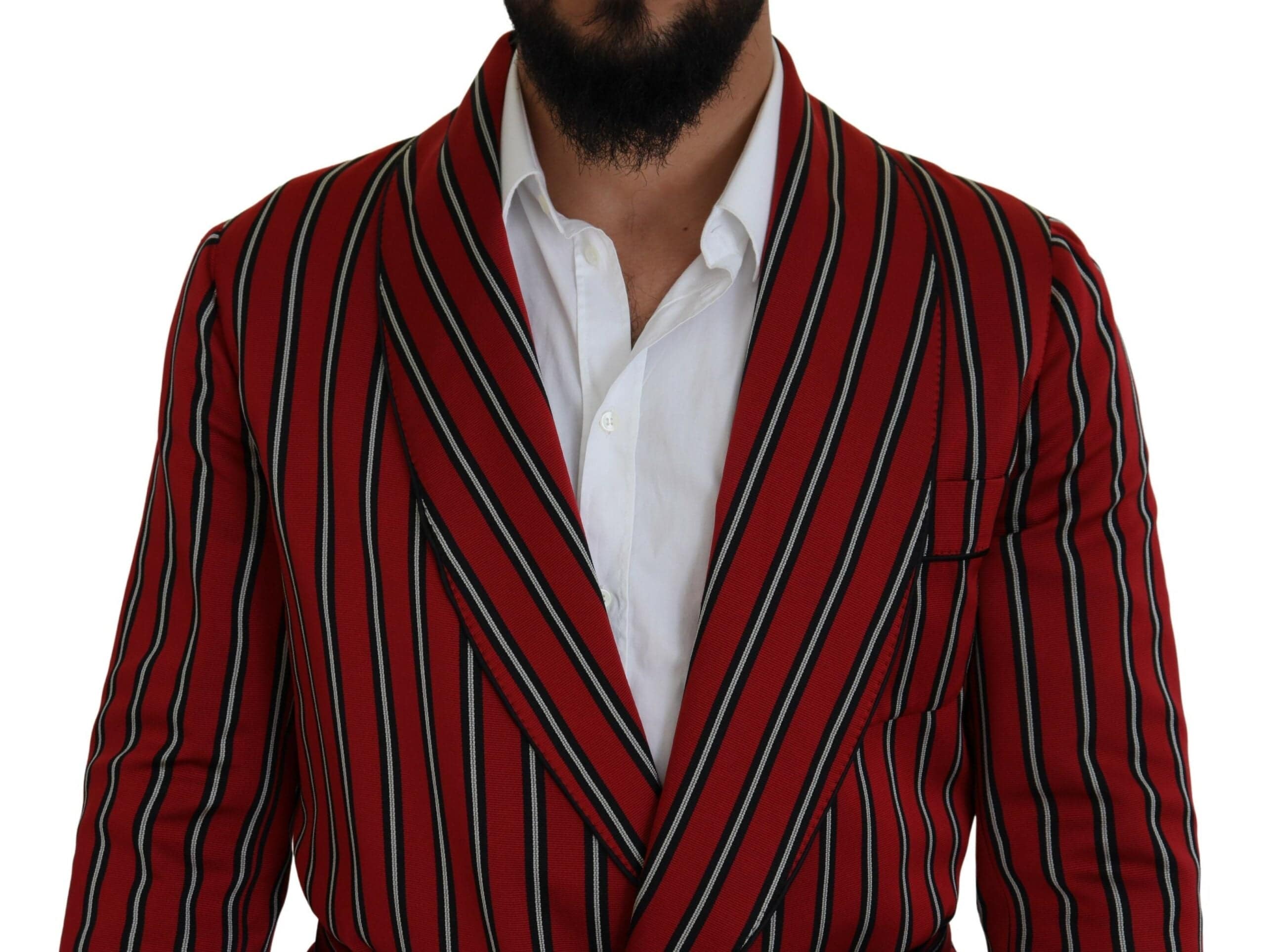 Robe Dolce & Gabbana à rayures rouges avec doublure imprimée Martini, coupe élégante et détails raffinés.
