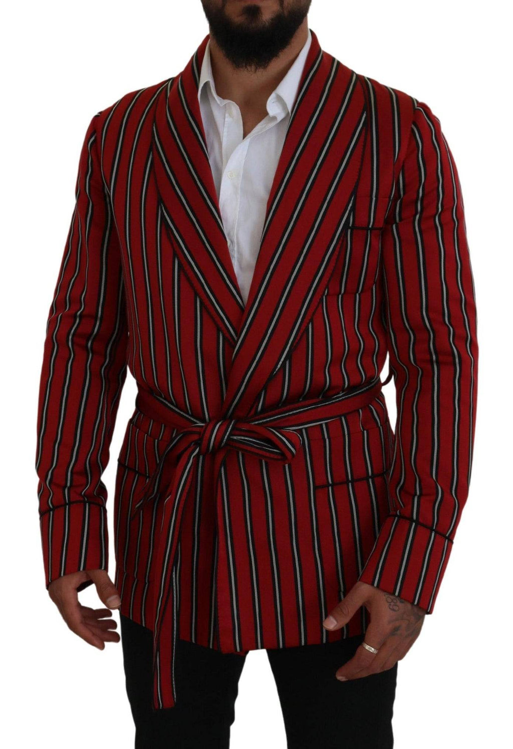 Robe Dolce & Gabbana rouge à rayures avec doublure imprimée martini, détails élégants et tissu fluide visible sur l'image.