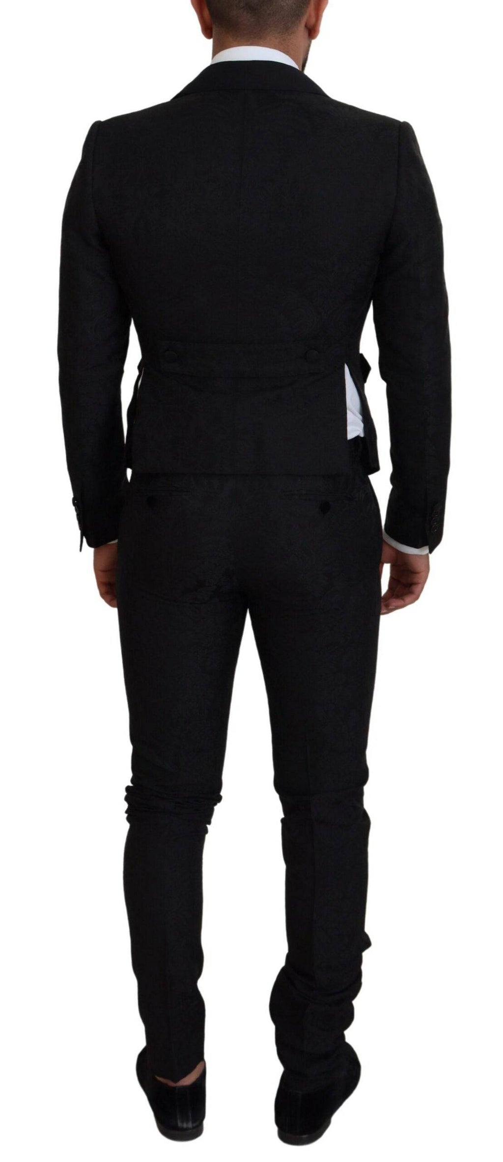 Costume deux pièces en polyester noir Dolce & Gabbana pour homme, style martini, vue de devant.