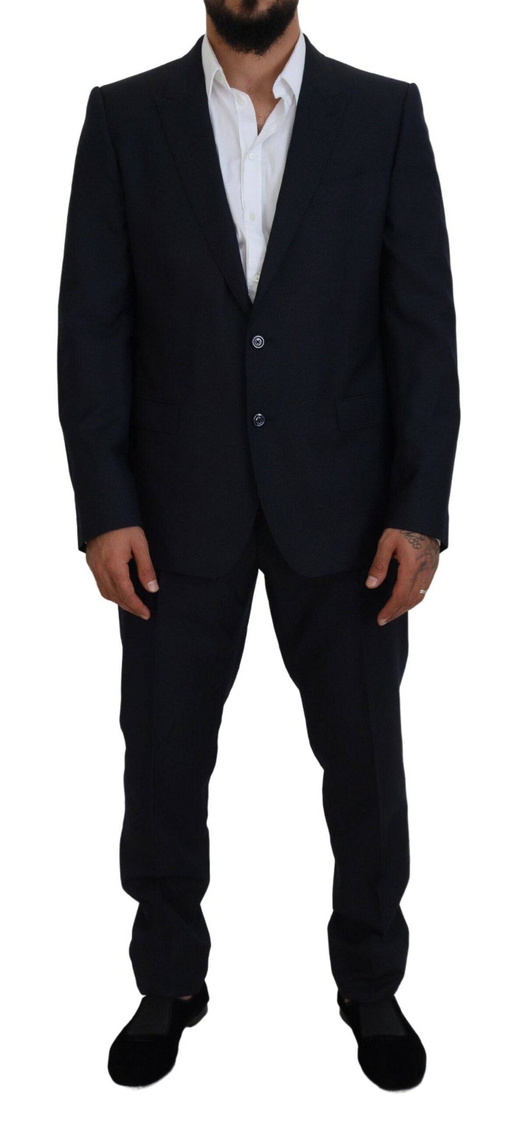 Costume deux pièces Dolce & Gabbana bleu à boutons avec veste croisée pour homme, élégant et moderne.