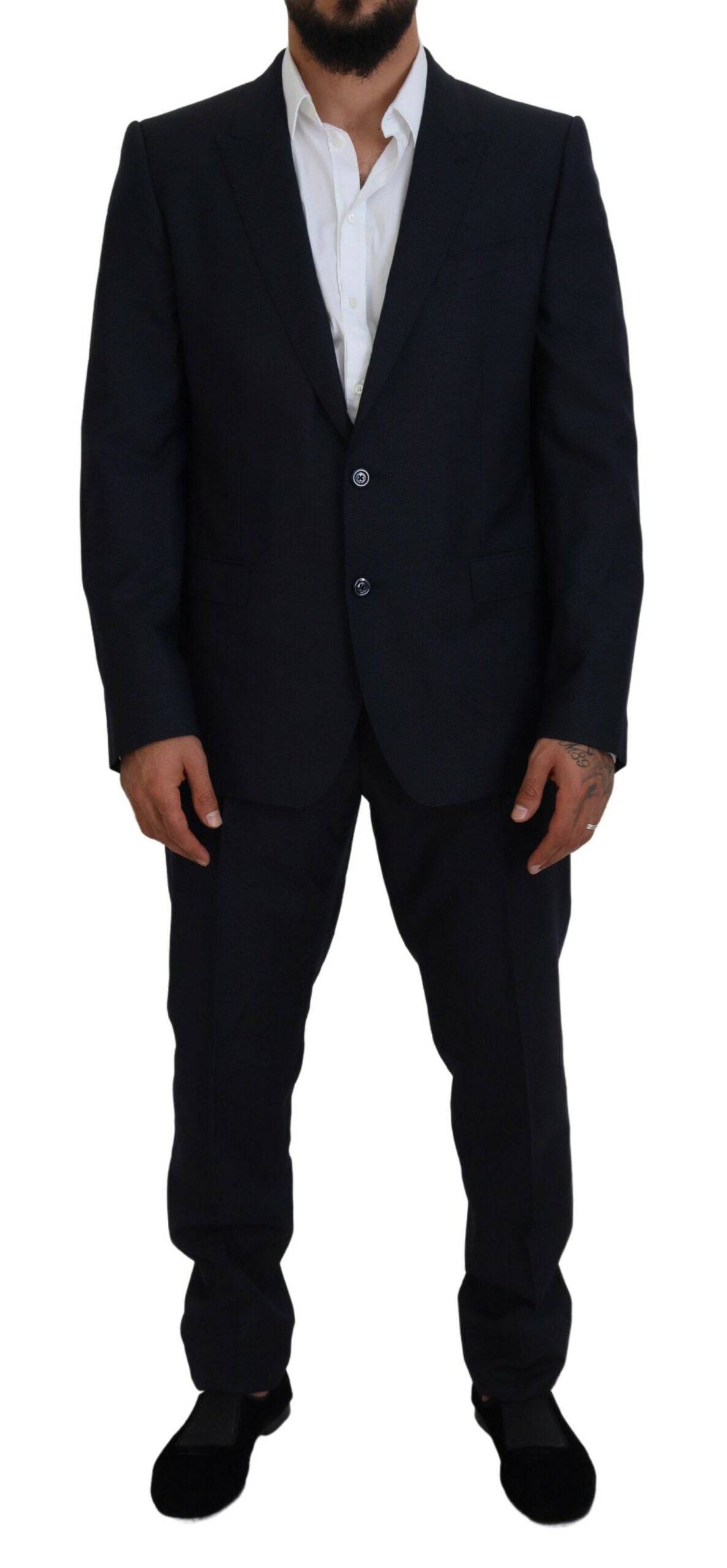 Costume deux pièces Dolce & Gabbana bleu à boutons avec veste croisée pour homme, élégant et moderne.