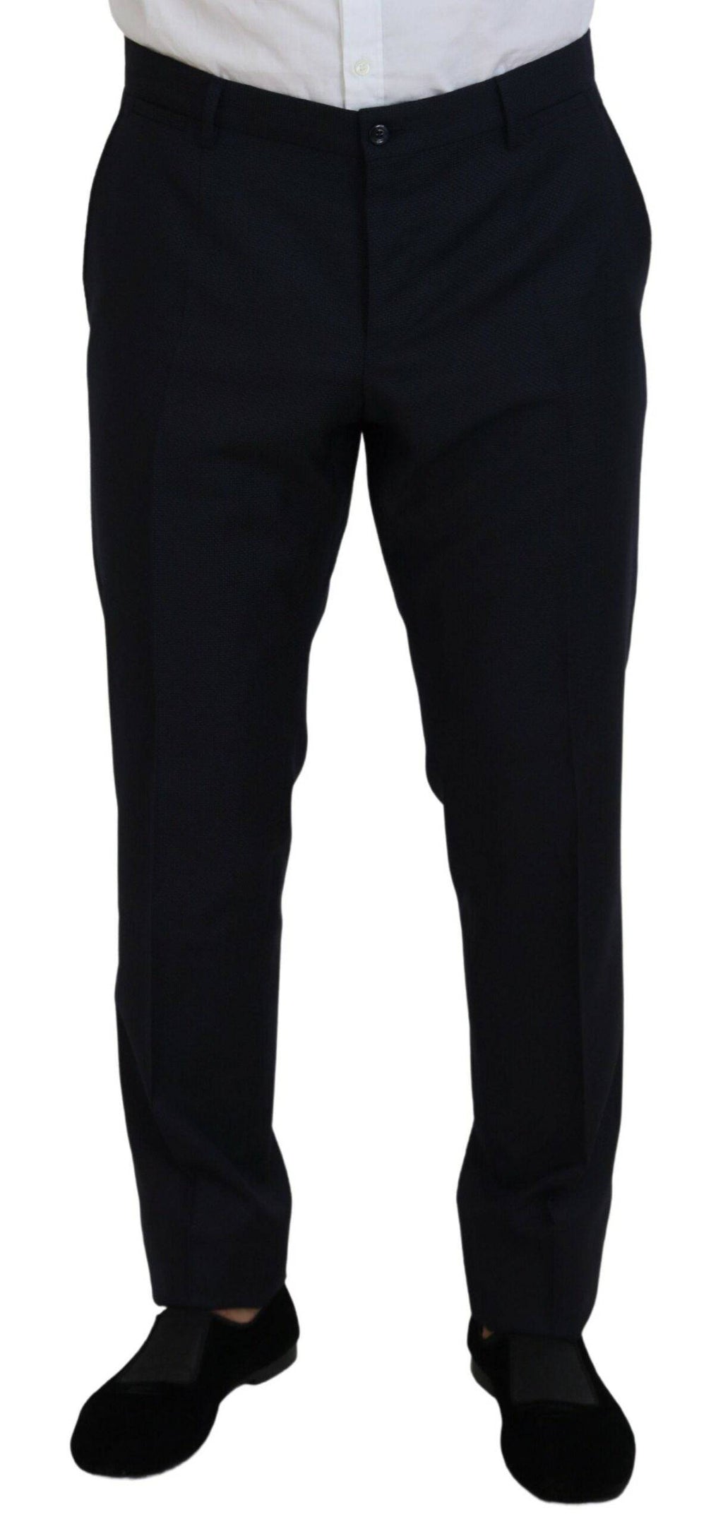 Costume deux pièces Dolce & Gabbana bleu à double boutonnage, veste et pantalon, élégant et sophistiqué.