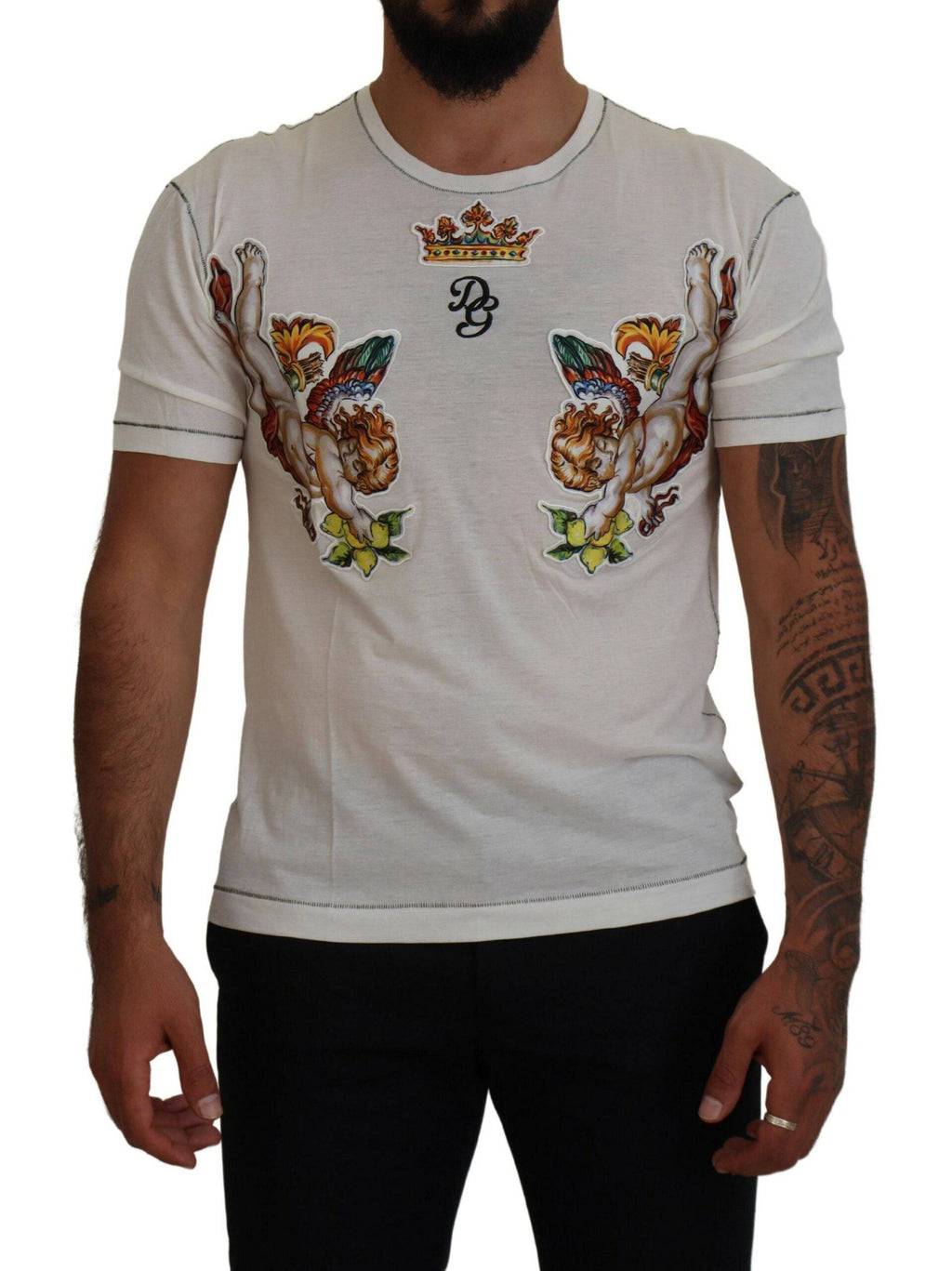 T-shirt homme Dolce & Gabbana blanc à manches courtes avec imprimé, design élégant et moderne.