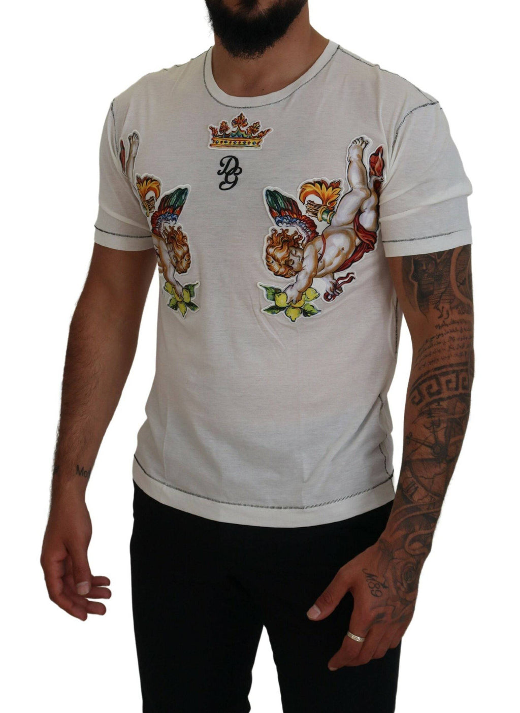T-shirt homme Dolce & Gabbana à manches courtes blanches avec imprimé, style décontracté et graphique.