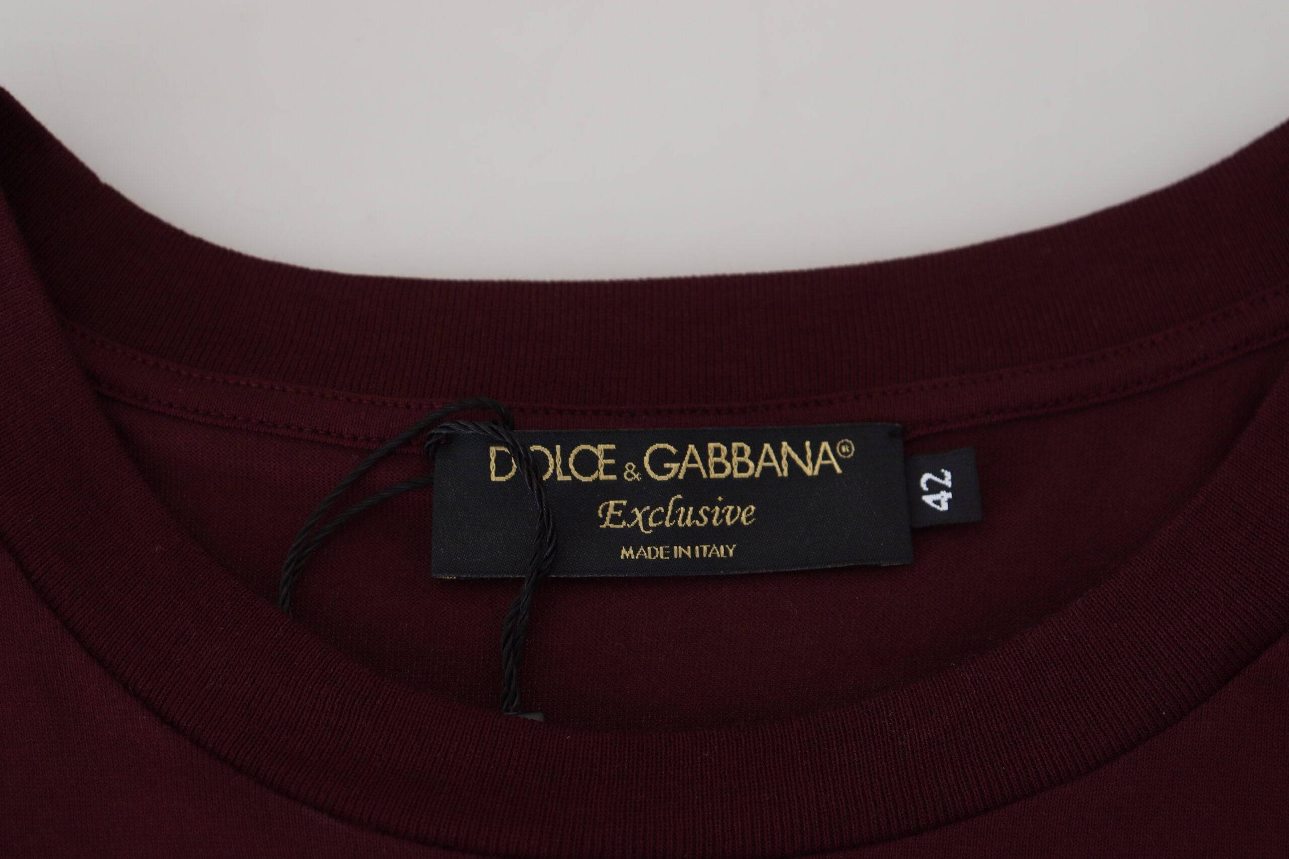 T-shirt homme Dolce & Gabbana à manches courtes bordeaux imprimé, style décontracté avec motif visible.