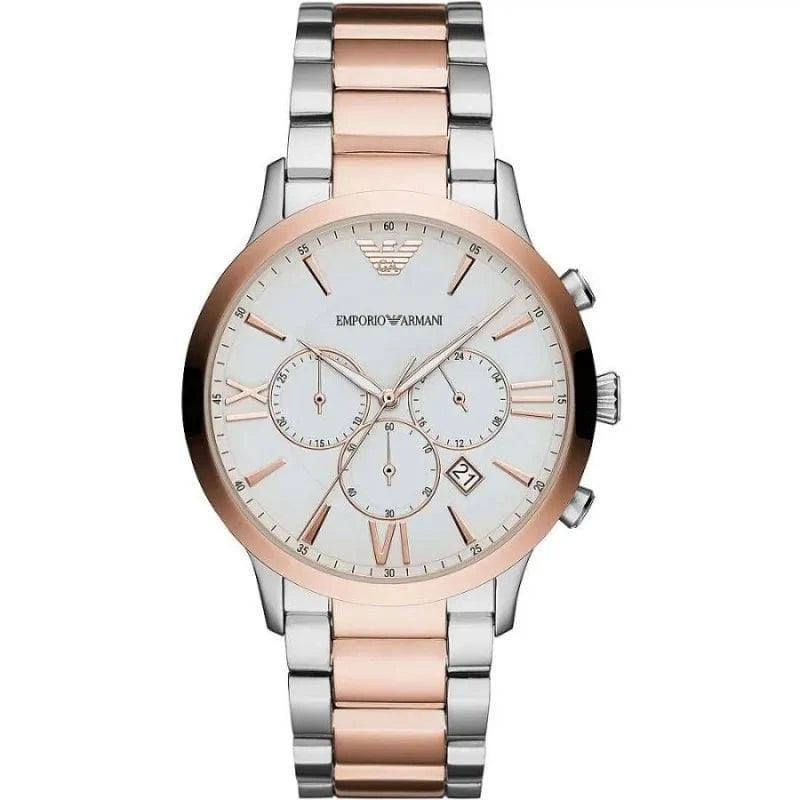 Montre chronographe en acier argent et bronze de la marque Emporio Armani, avec cadran élégant et bracelet en métal.