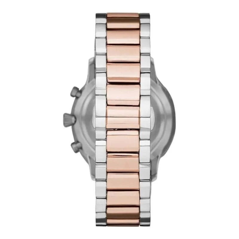 Montre chronographe en acier argent et bronze de la marque Emporio Armani, détails du cadran et bracelet en métal élégant.