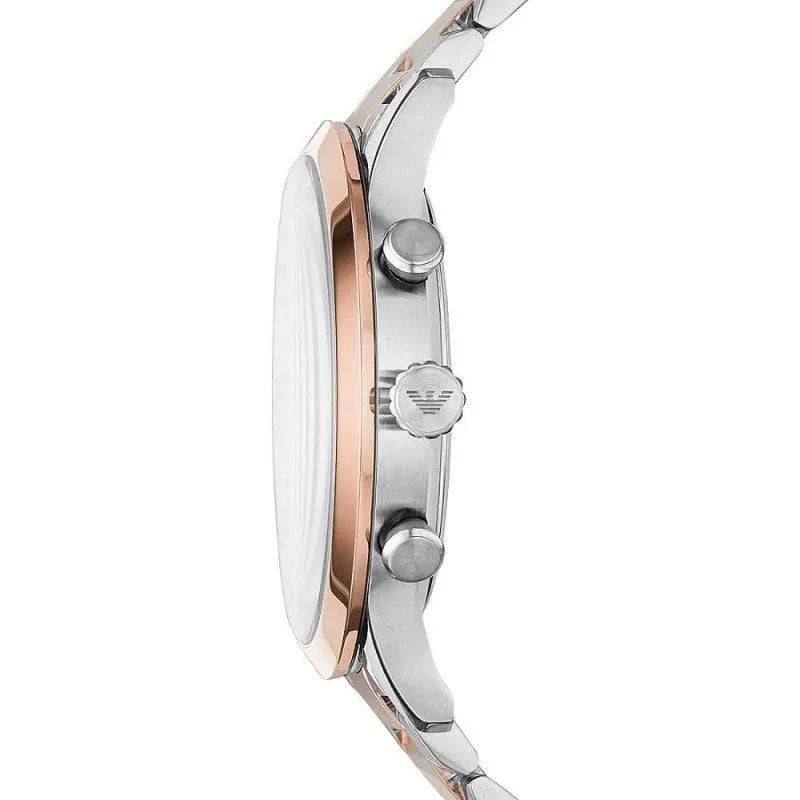 Montre chronographe en acier argent et bronze de la marque Emporio Armani, affichant un design élégant et moderne.