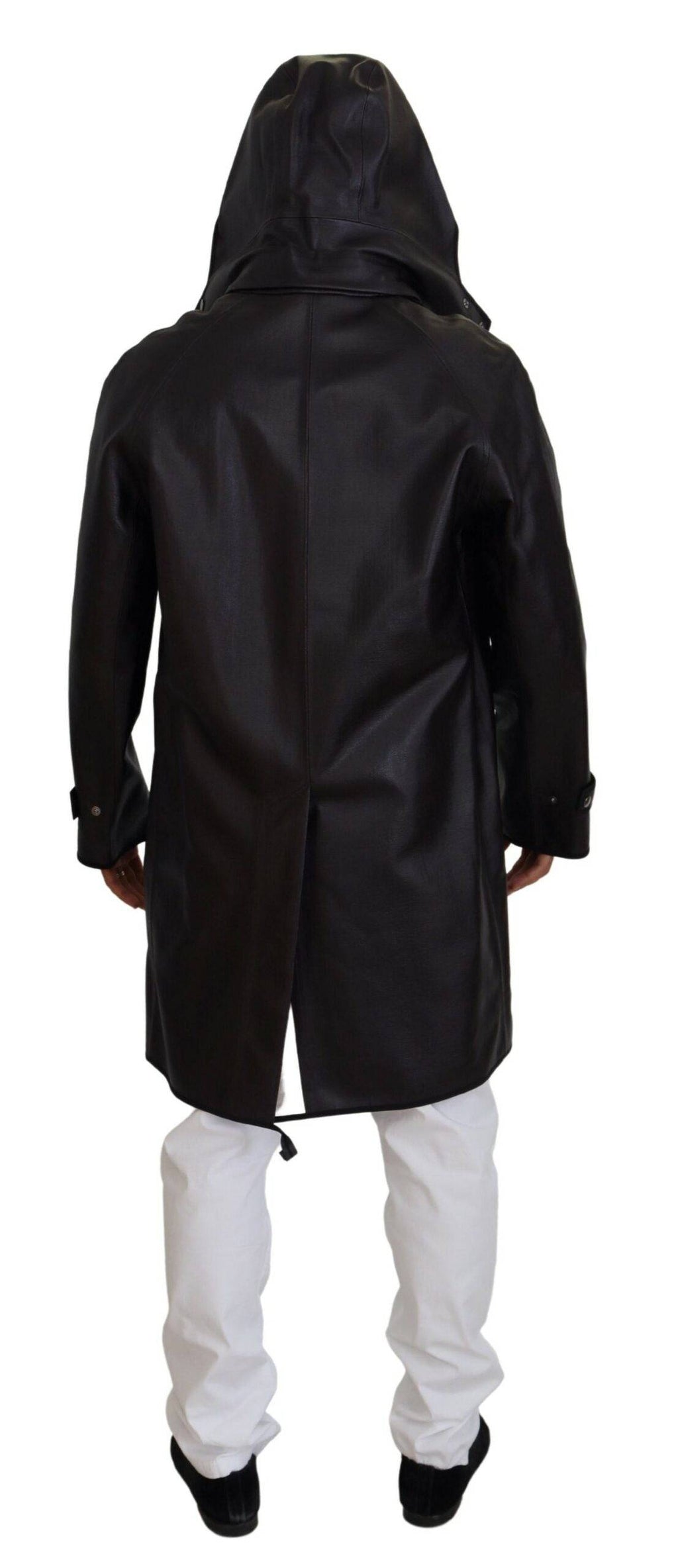 Veste trench noire Dolce & Gabbana avec capuche en coton, style parka décontracté et élégant, vue de face.