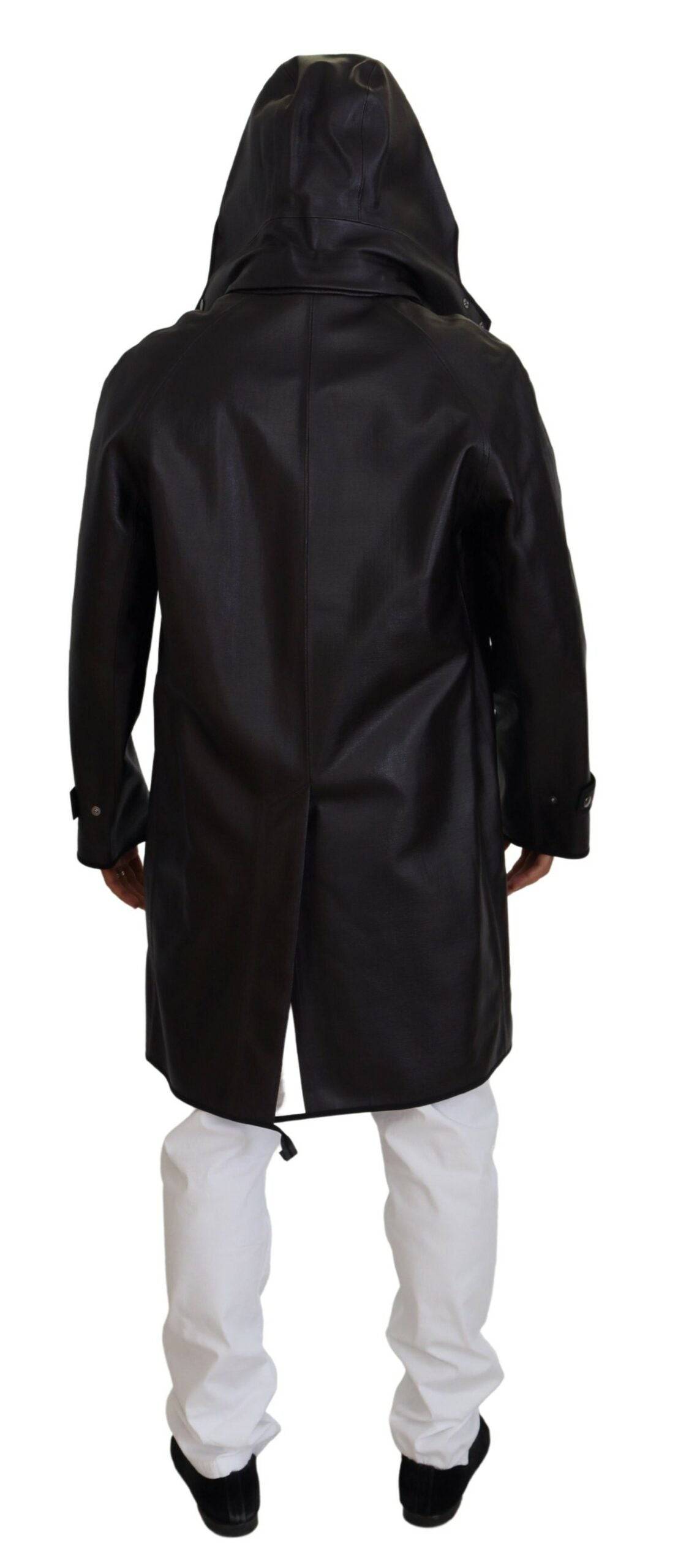 Veste trench noire Dolce & Gabbana avec capuche en coton, style parka décontracté et élégant, vue de face.