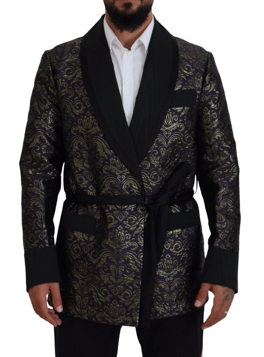Veste blazer Dolce & Gabbana en baroque doré et violet, détails élégants et tissu luxueux visible sur l'image.