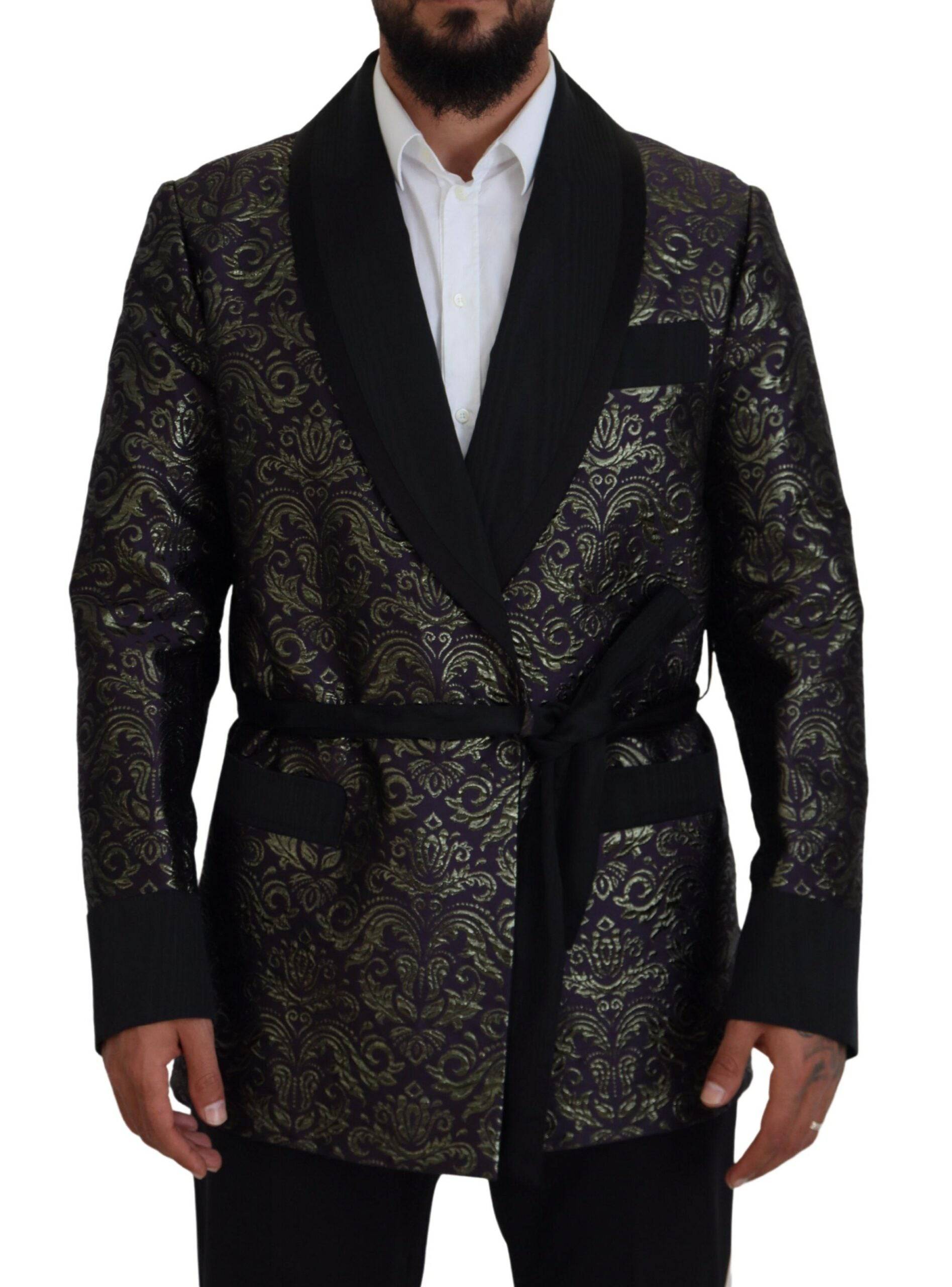 Veste blazer Dolce & Gabbana en baroque doré et violet, détails élégants et tissu luxueux visible sur l'image.