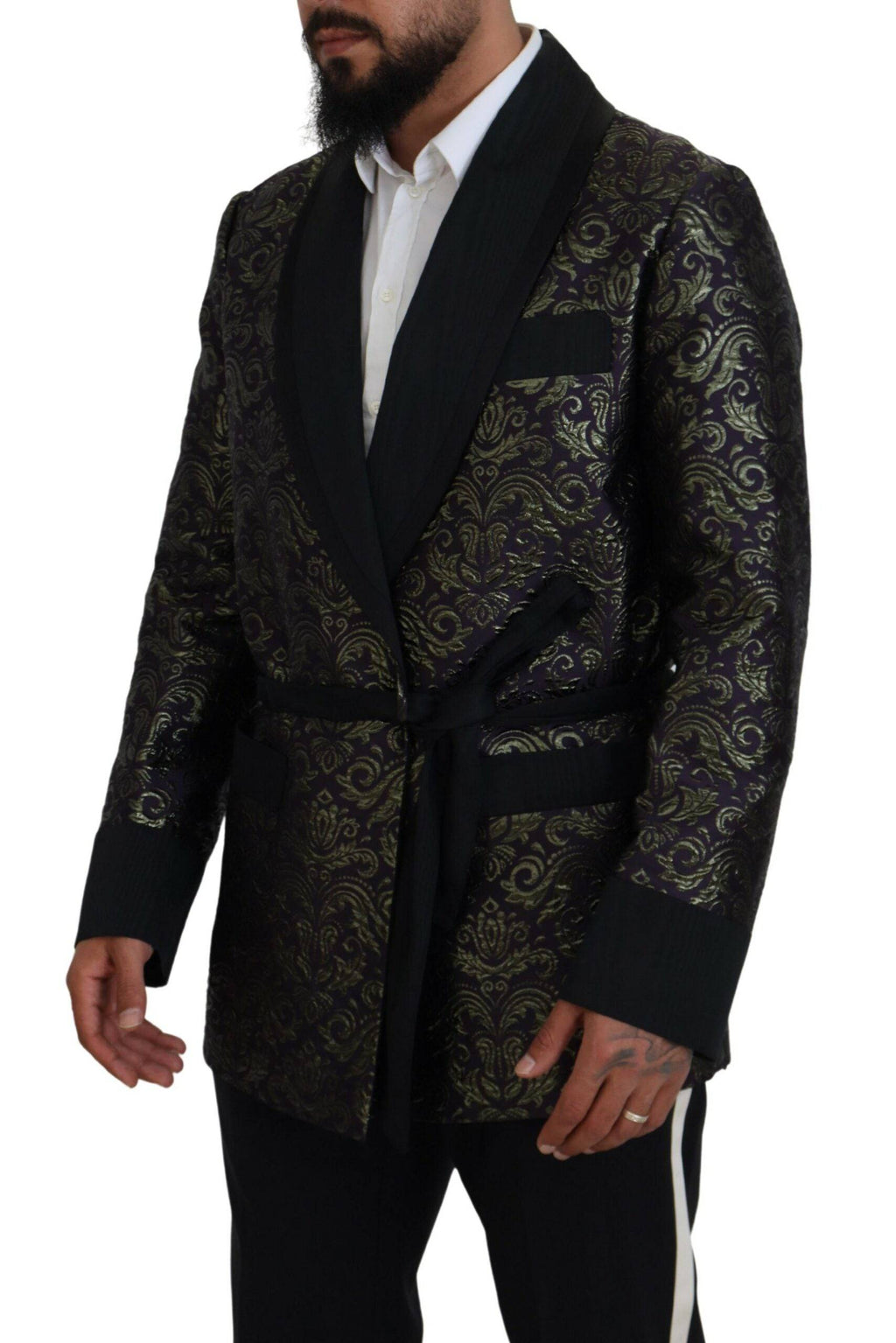 Veste blazer dorée et violette Dolce & Gabbana avec motif baroque, élégante et sophistiquée, vue de face.