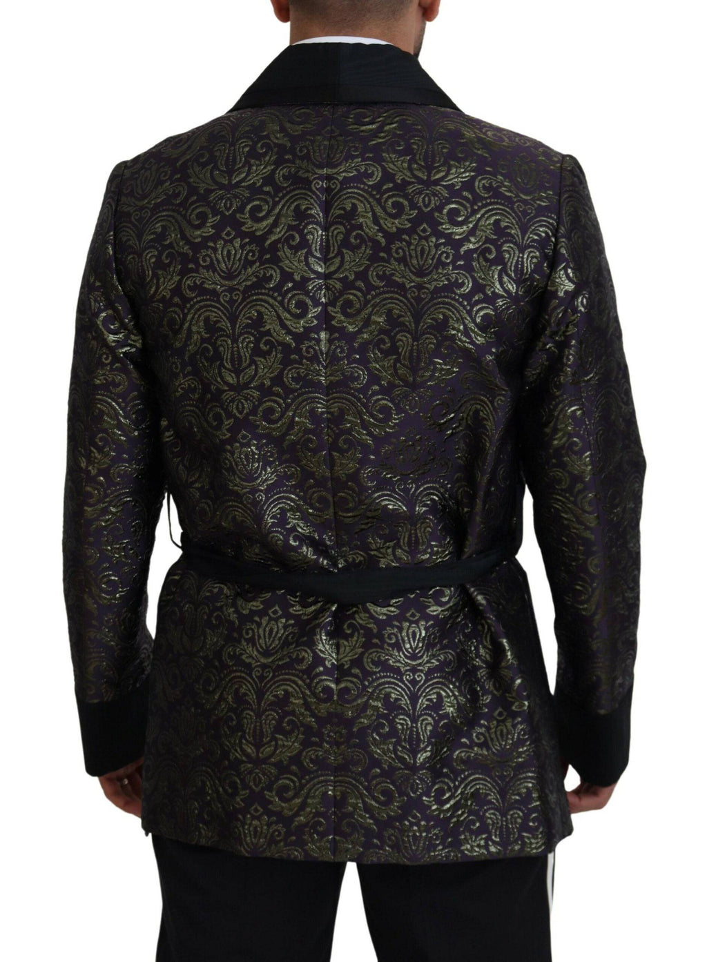 Veste blazer Dolce & Gabbana en or et violet avec motif baroque, élégante et sophistiquée, vue de face.