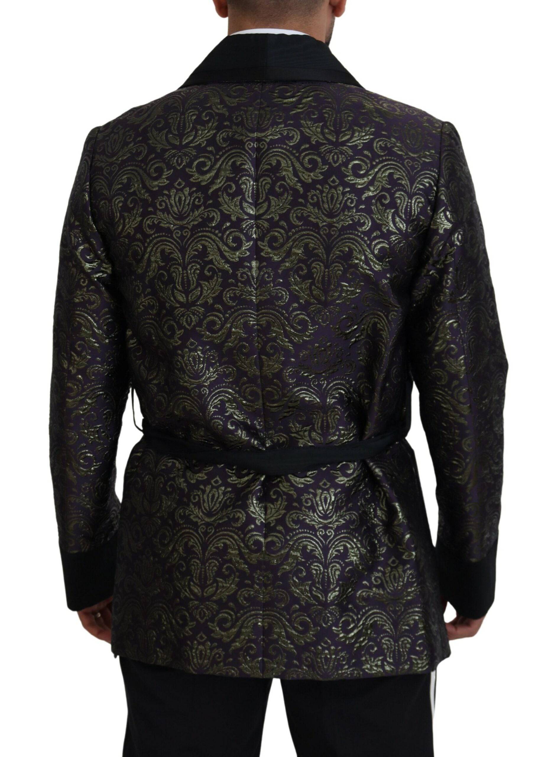 Veste blazer Dolce & Gabbana en or et violet avec motif baroque, élégante et sophistiquée, vue de face.