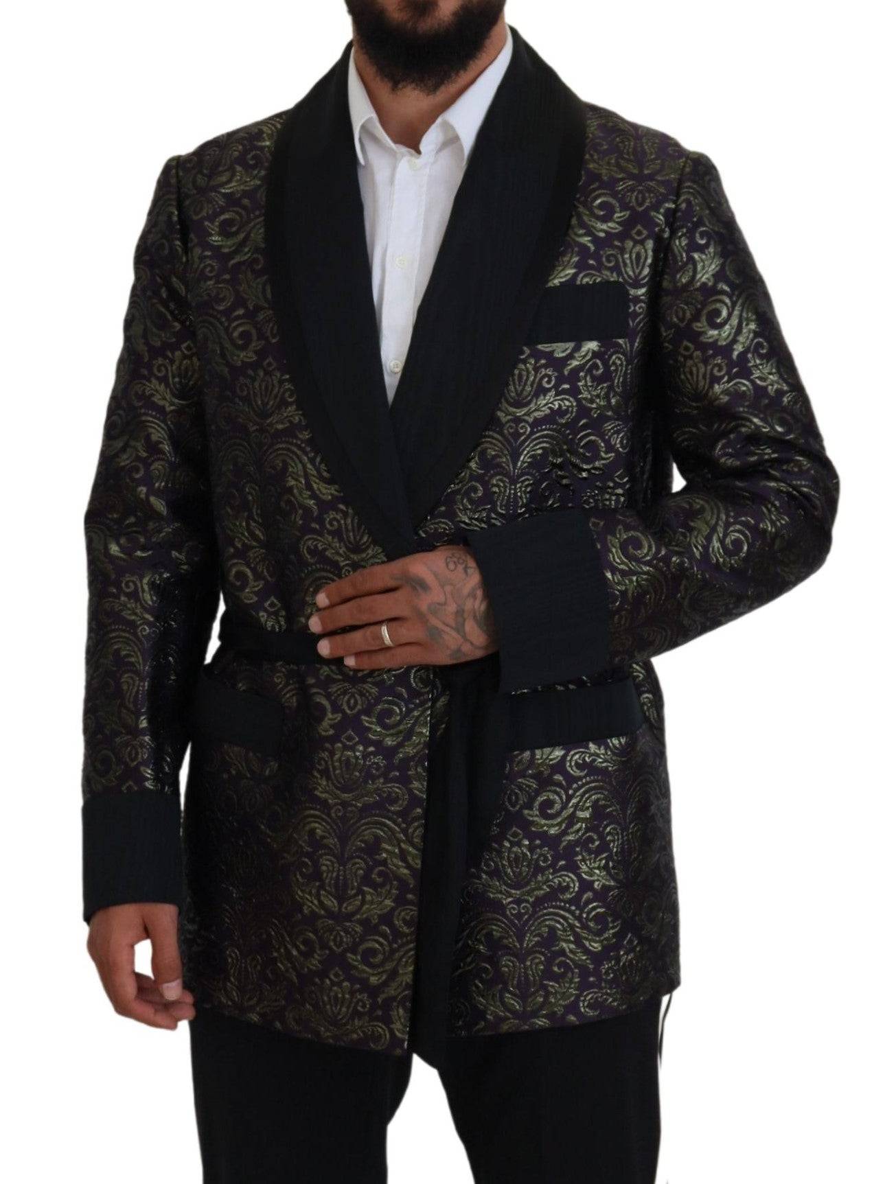 Veste blazer Dolce & Gabbana en or et violet avec motif baroque, élégante et sophistiquée, vue de face.