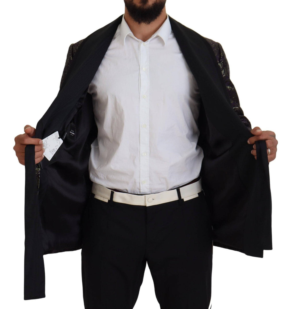 Veste blazer Dolce & Gabbana en or et violet avec motif baroque, élégante et sophistiquée, visible en détail sur l'image.