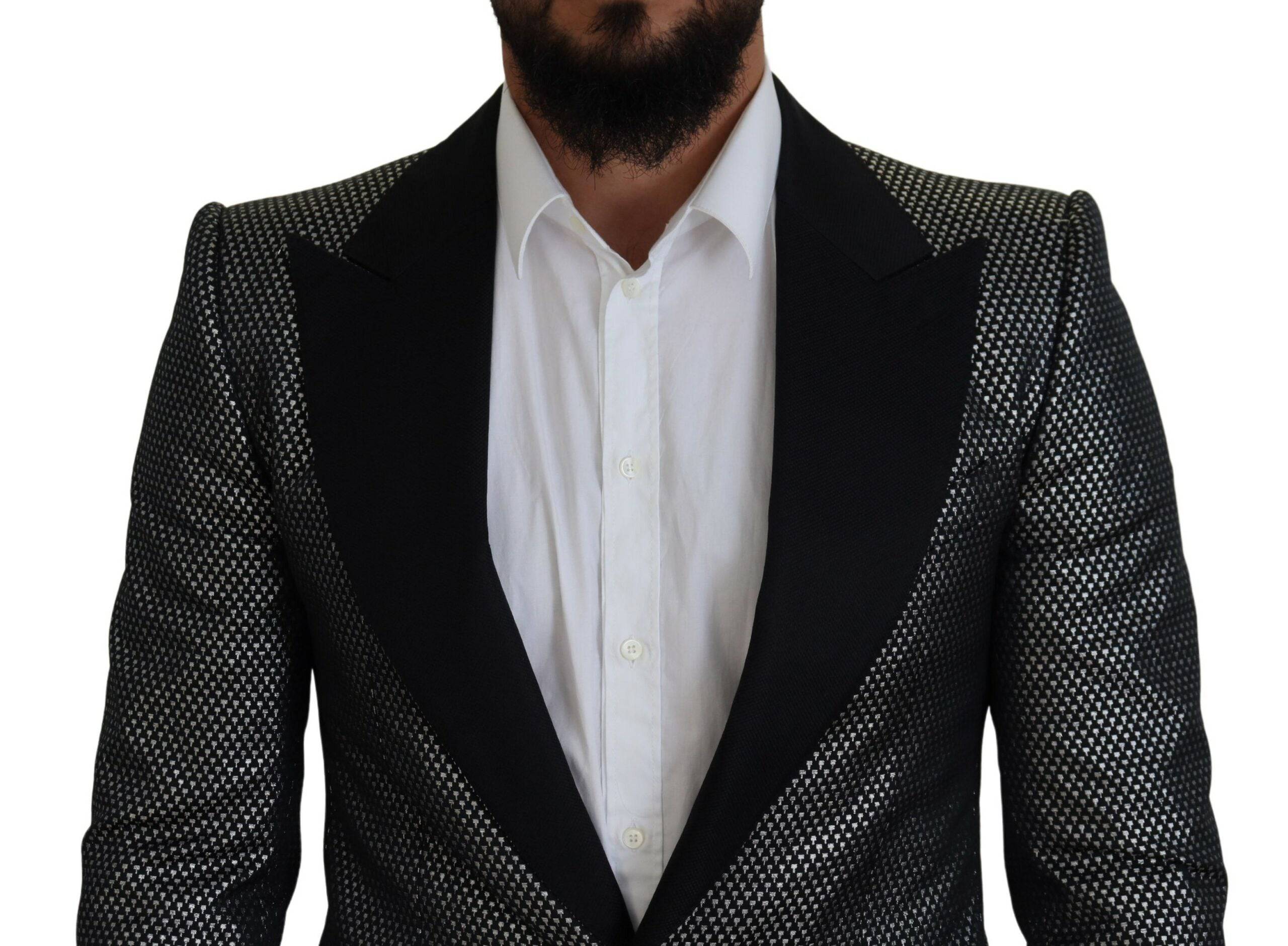 Veste blazer Dolce & Gabbana en jacquard noir argenté, coupe slim fit, finition élégante, vue de face sur un fond neutre.
