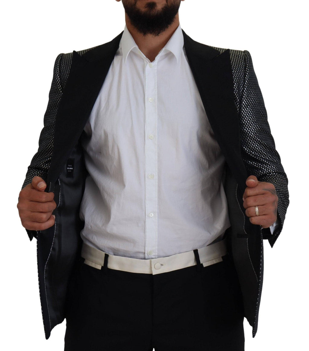 Veste blazer Dolce & Gabbana noire et argentée en jacquard, coupe slim fit, élégante et sophistiquée.
