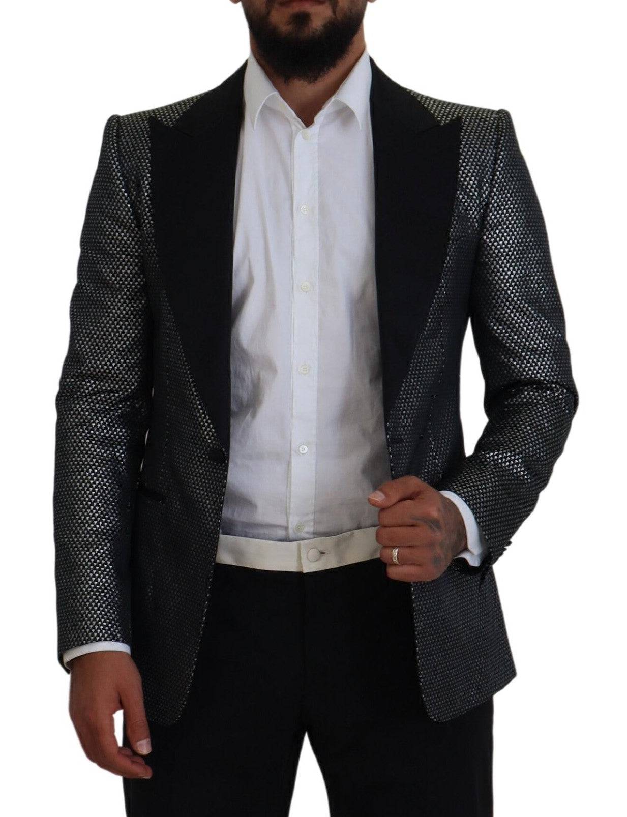Veste blazer Dolce & Gabbana en jacquard noir et argent, coupe slim fit, style élégant et moderne.