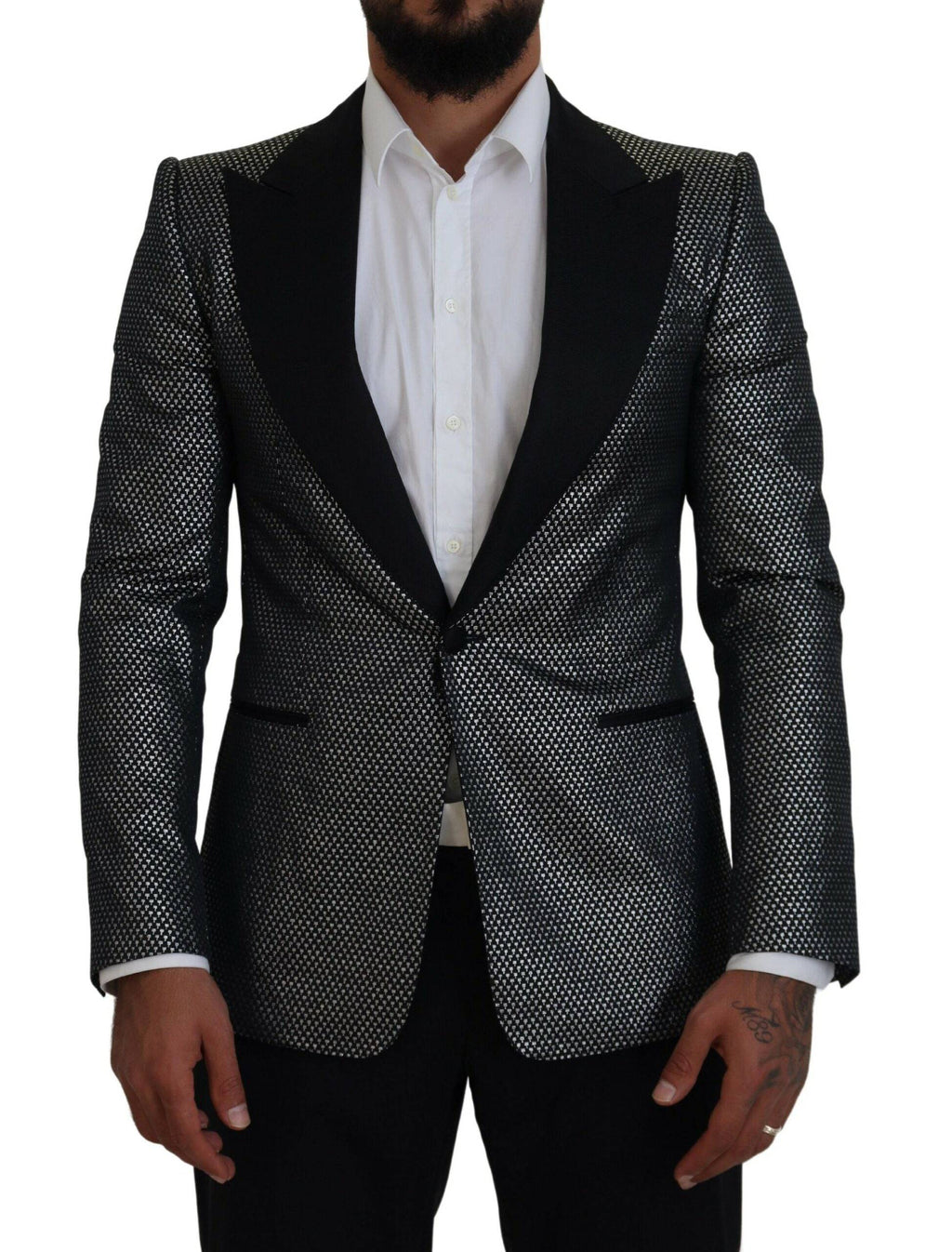 Veste blazer Dolce & Gabbana en jacquard noir et argent, coupe slim fit, élégante et sophistiquée, détail de la texture en tissu.