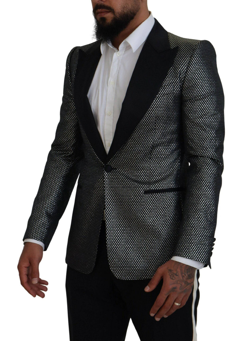 Veste blazer Dolce & Gabbana en jacquard noir et argent, ajustée, avec détails élégants et finition sophistiquée.
