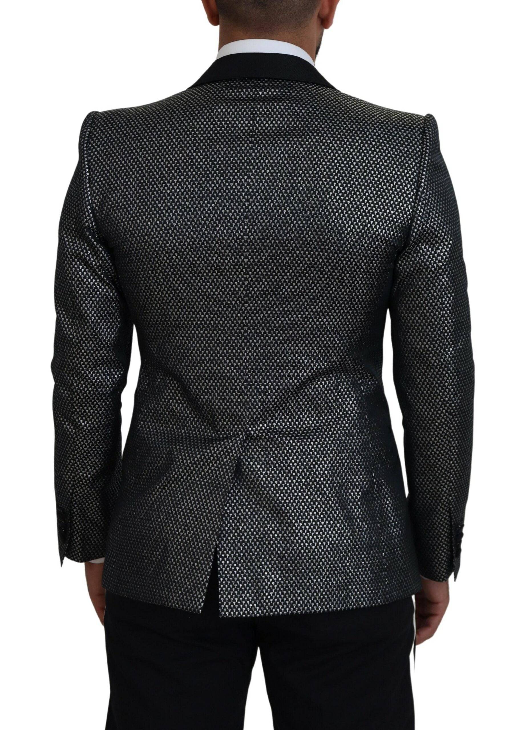 Veste blazer Dolce & Gabbana en jacquard noir argenté, coupe slim fit, élégante et sophistiquée, vue de face.