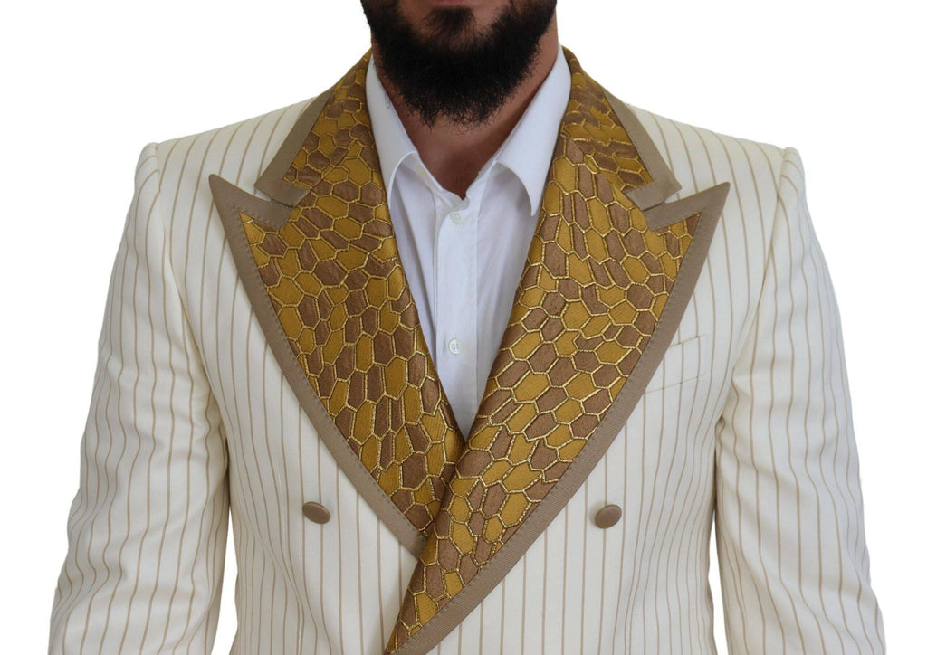 Costume de smoking slim fit Dolce & Gabbana en blanc cassé avec rayures dorées, élégant et sophistiqué.