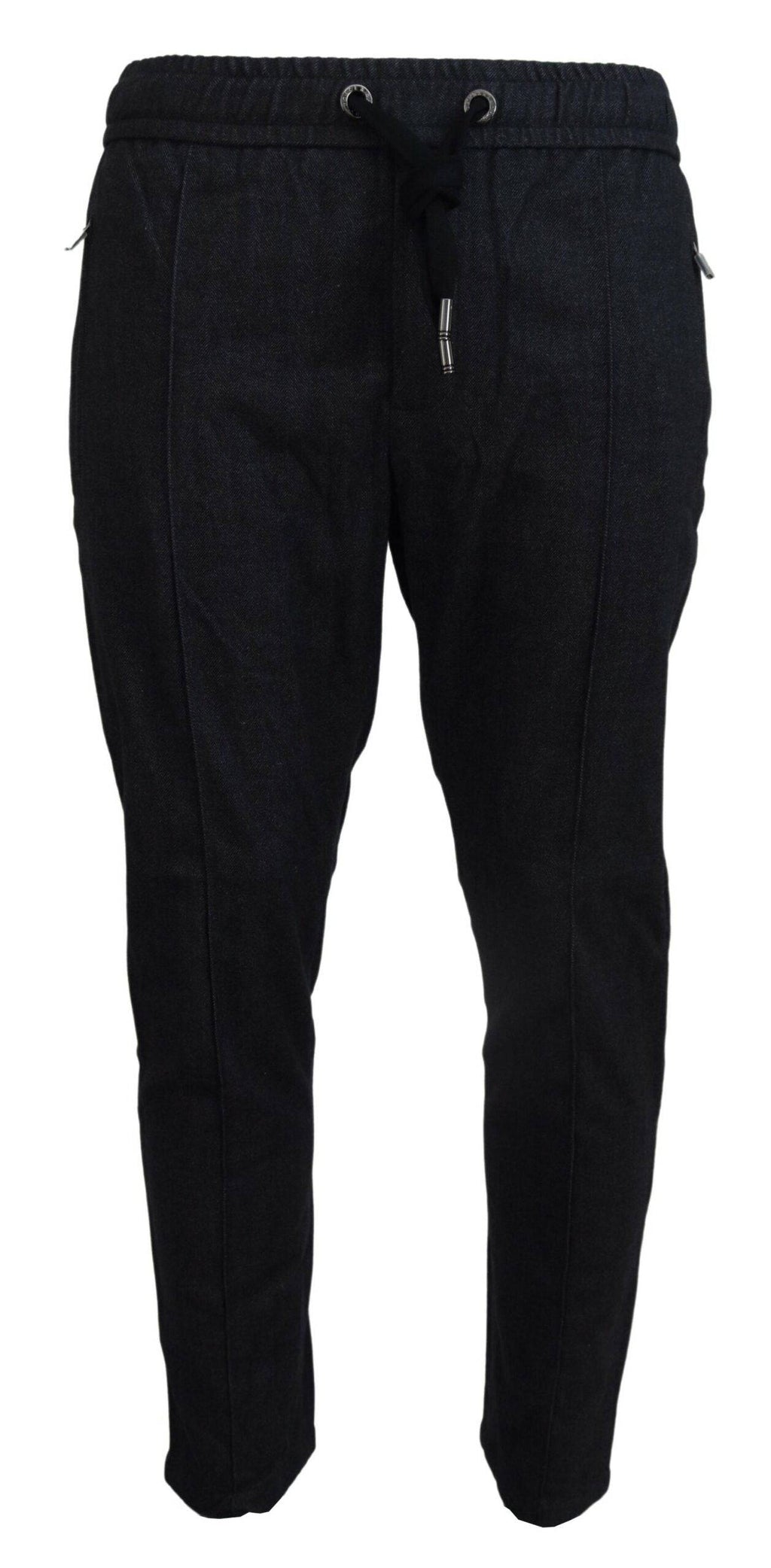 Pantalon gris en coton Dolce & Gabbana, coupe tapered, vue de face avec détails de couture et ceinture.