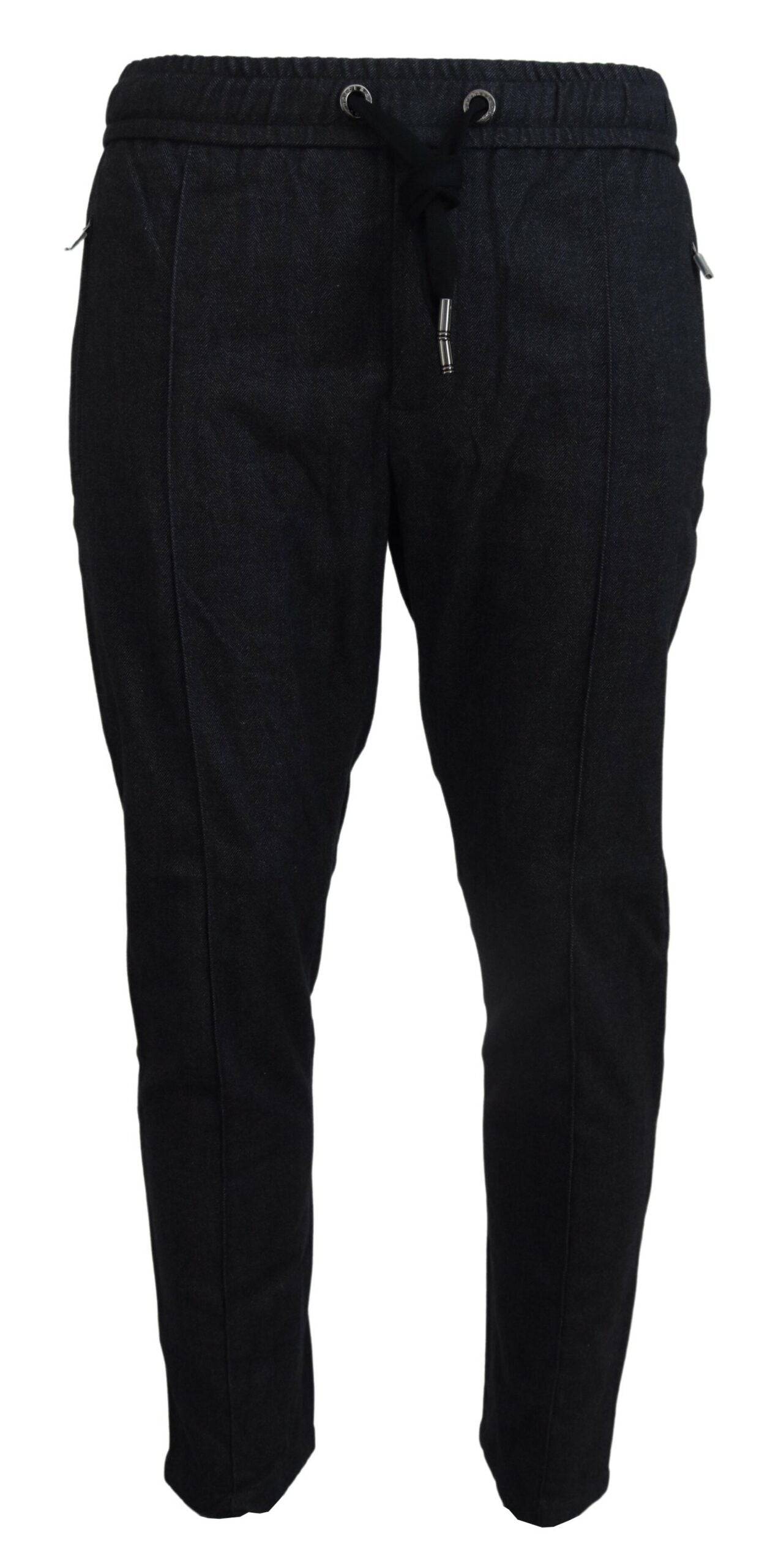 Pantalon gris en coton Dolce & Gabbana, coupe tapered, vue de face avec détails de couture et ceinture.