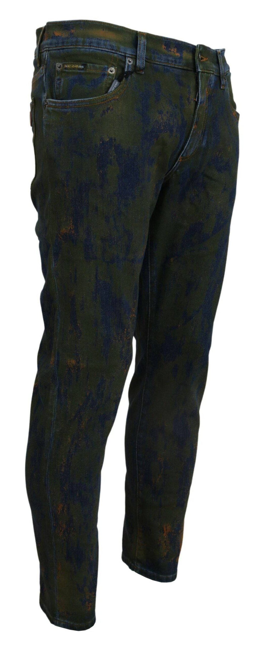 Jeans skinny en coton denim bleu et vert de Dolce & Gabbana, coupe ajustée et détails modernes.