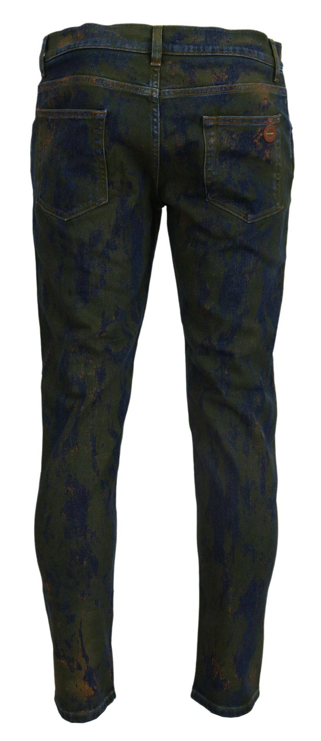 Jeans skinny en coton denim bleu et vert Dolce & Gabbana, coupe ajustée et détails modernes.