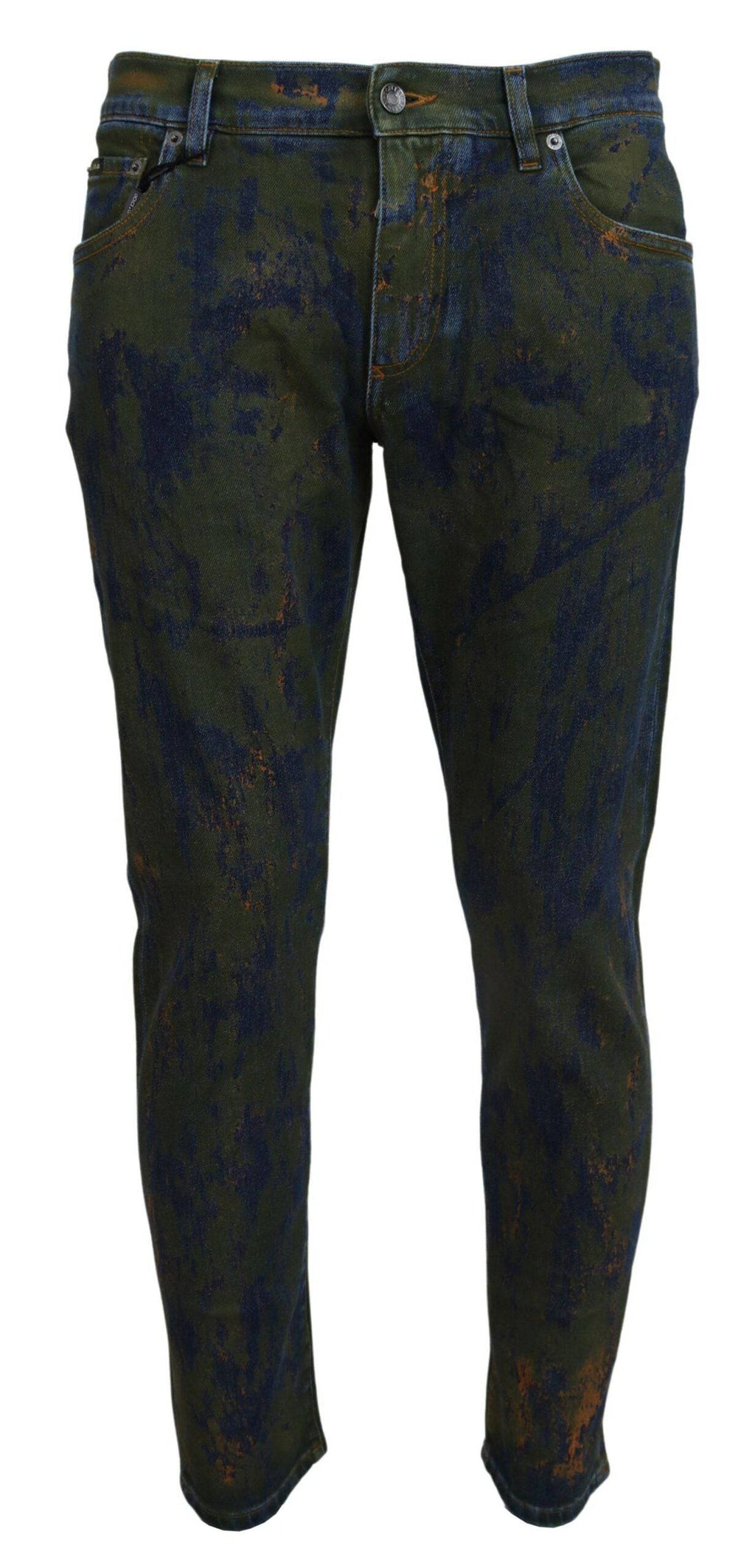 Jeans skinny en coton denim bleu vert Dolce & Gabbana, coupe ajustée, détails modernes, vue du produit.