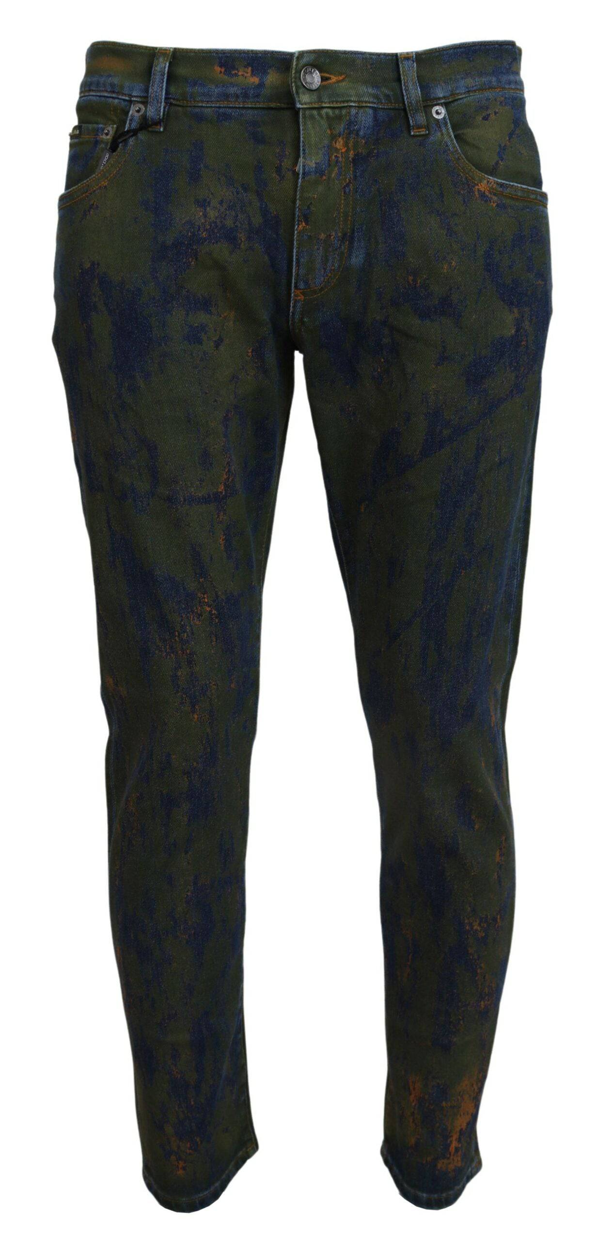Jeans skinny en coton denim bleu vert Dolce & Gabbana, coupe ajustée, détails modernes, vue du produit.