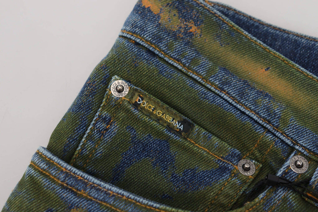 Jeans skinny en coton denim bleu et vert de Dolce & Gabbana, ajustés et tendance, visibles en gros plan.