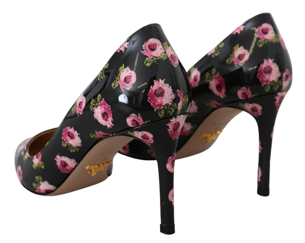 Escarpins à talons aiguilles noirs en cuir avec motifs floraux Prada, chaussure élégante pour femmes.