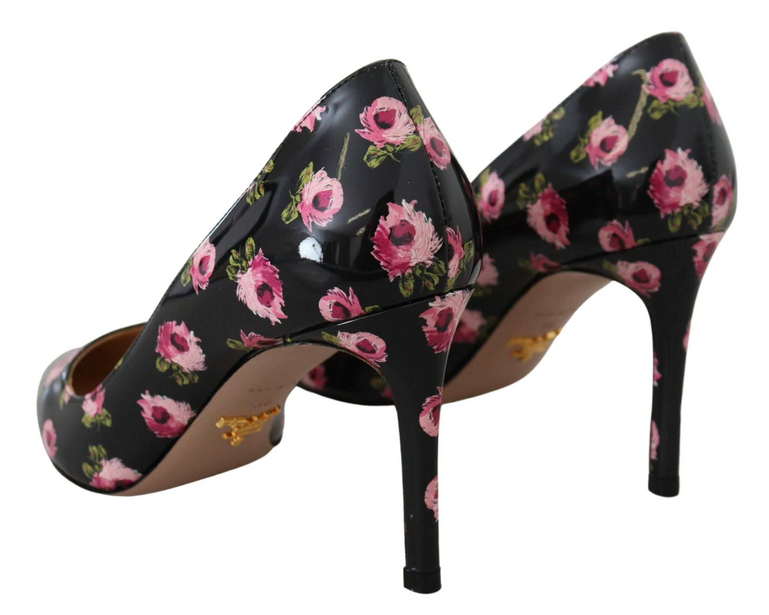 Escarpins à talons aiguilles noirs en cuir avec motifs floraux Prada, chaussure élégante pour femmes.