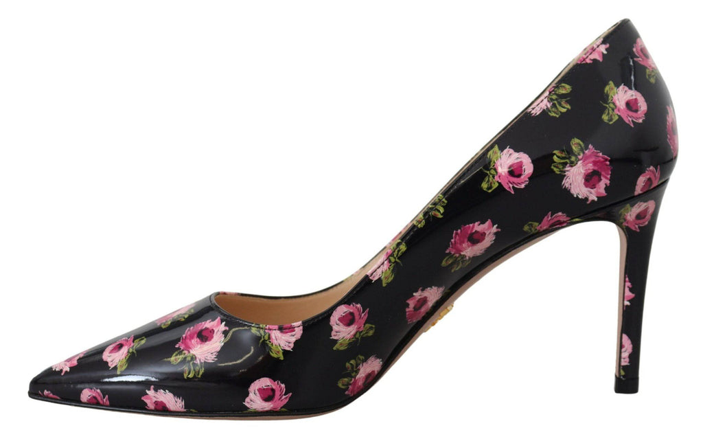 Escarpins à talons aiguilles Prada en cuir noir avec motifs floraux, élégants et sophistiqués pour femmes.