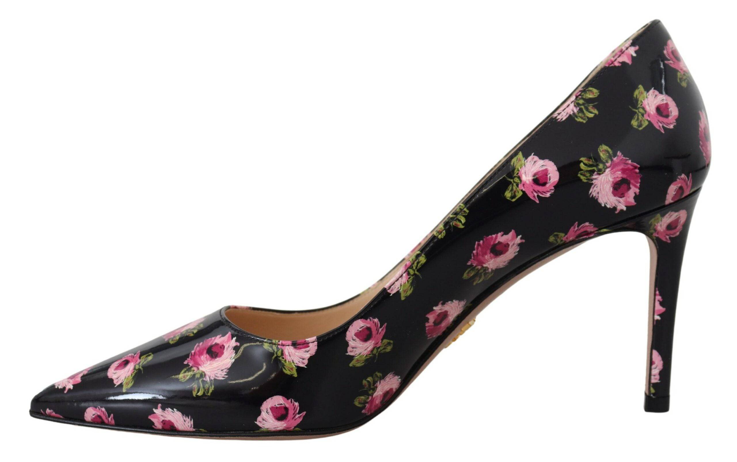 Escarpins à talons aiguilles Prada en cuir noir avec motifs floraux, élégants et sophistiqués pour femmes.